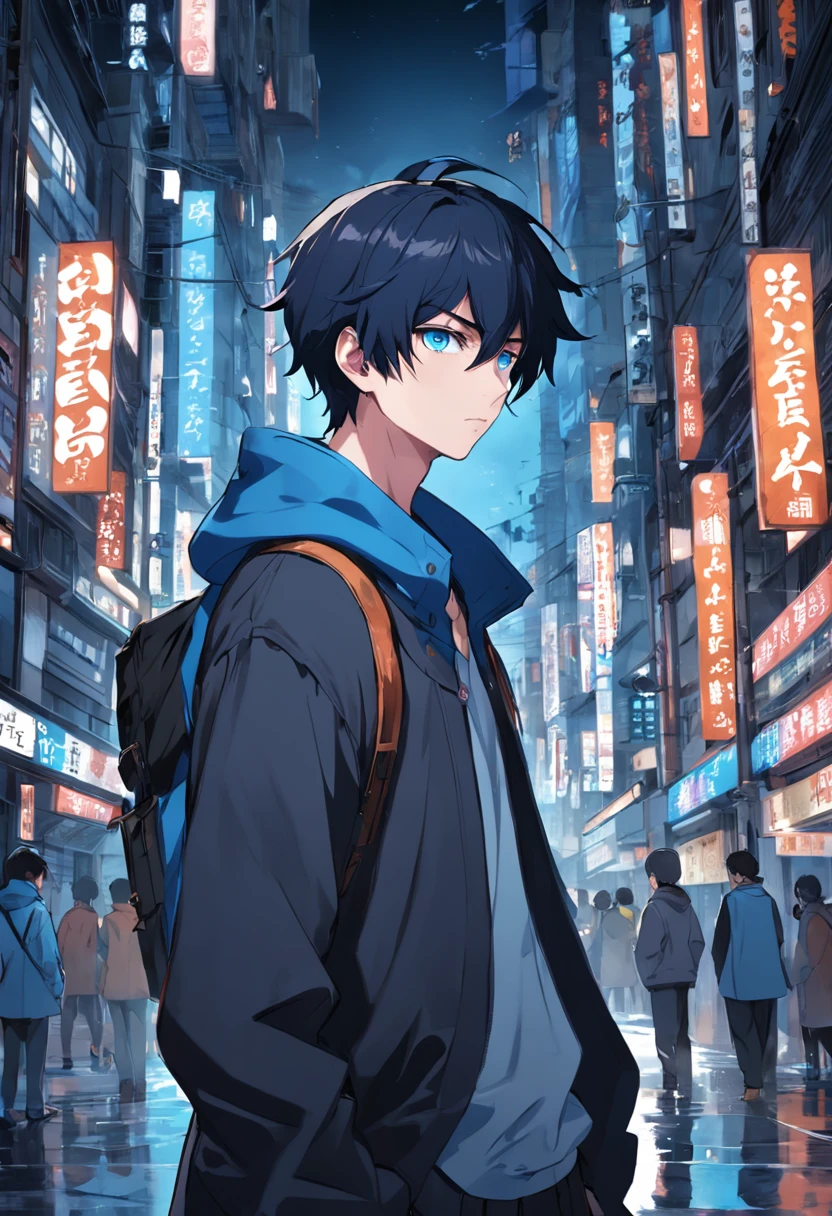 Dark environment 0.5，On the streets of the city，Male protagonist，malefocus，Bright and blue eyes，Big head and small body，Manhwa Style，quadratic element，Environment rendering，Set off the protagonist，Boy side face，Looking not far away, deep in thought