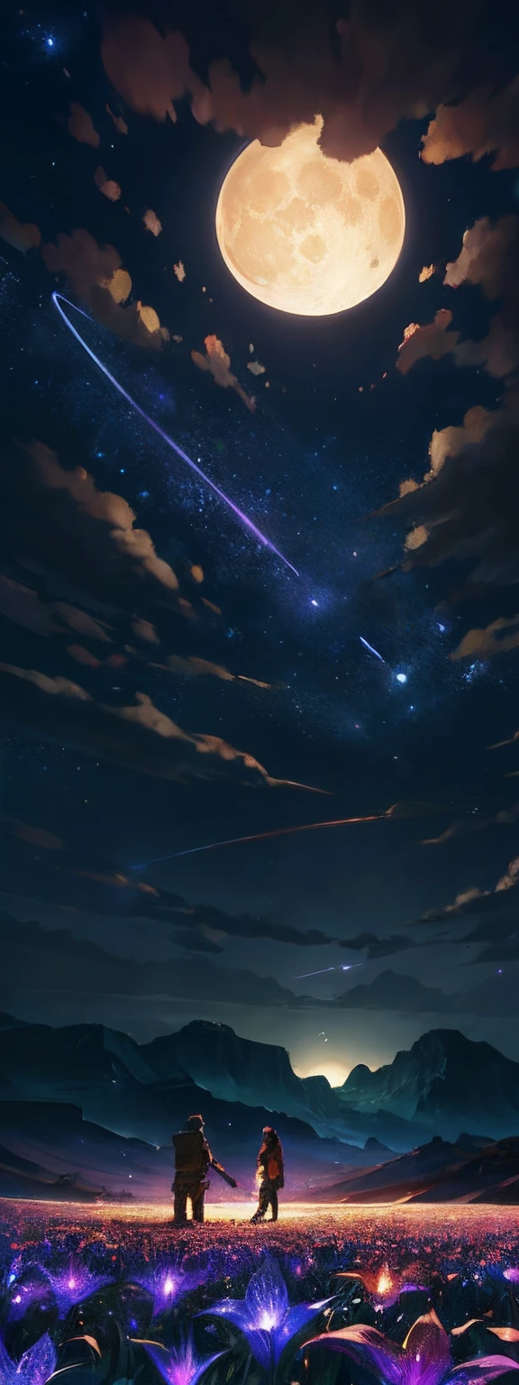 expansive landscape photograph , (a view from below that shows sky above and open field below), a couple standing on flower field looking up, (full moon:1.2), ( shooting stars:0.9), (nebula:1.3), distant mountain, tree BREAK
production art, (warm light source:1.2), (Firefly:1.2), lamp, lot of purple and orange, intricate details, volumetric lighting BREAK
(masterpiece:1.2), (best quality), 4k, ultra-detailed, (dynamic composition:1.4), highly detailed, colorful details,( iridescent colors:1.2), (glowing lighting, atmospheric lighting), dreamy, magical, (solo:1.2), milkyway,