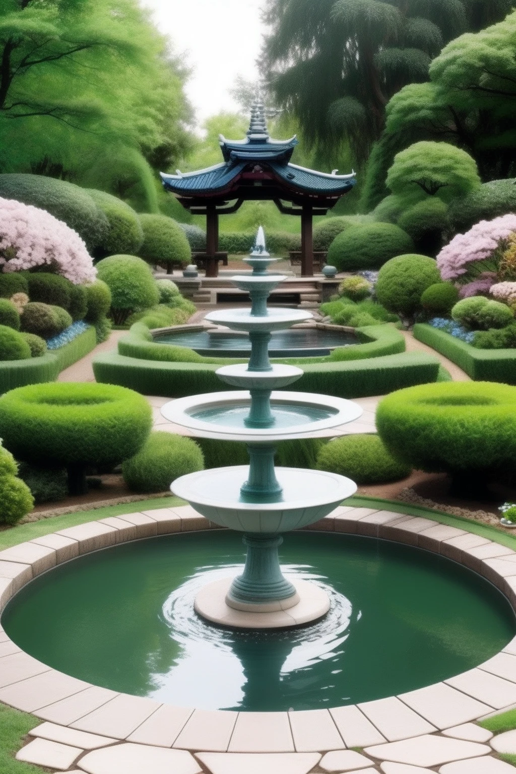 a garden in Rivendell from LOTR, where there is a fountain in the center, zen japanese style, a beautiful elf lady sitting on the fountain well with blone hair and silver tiara in a blue robe
