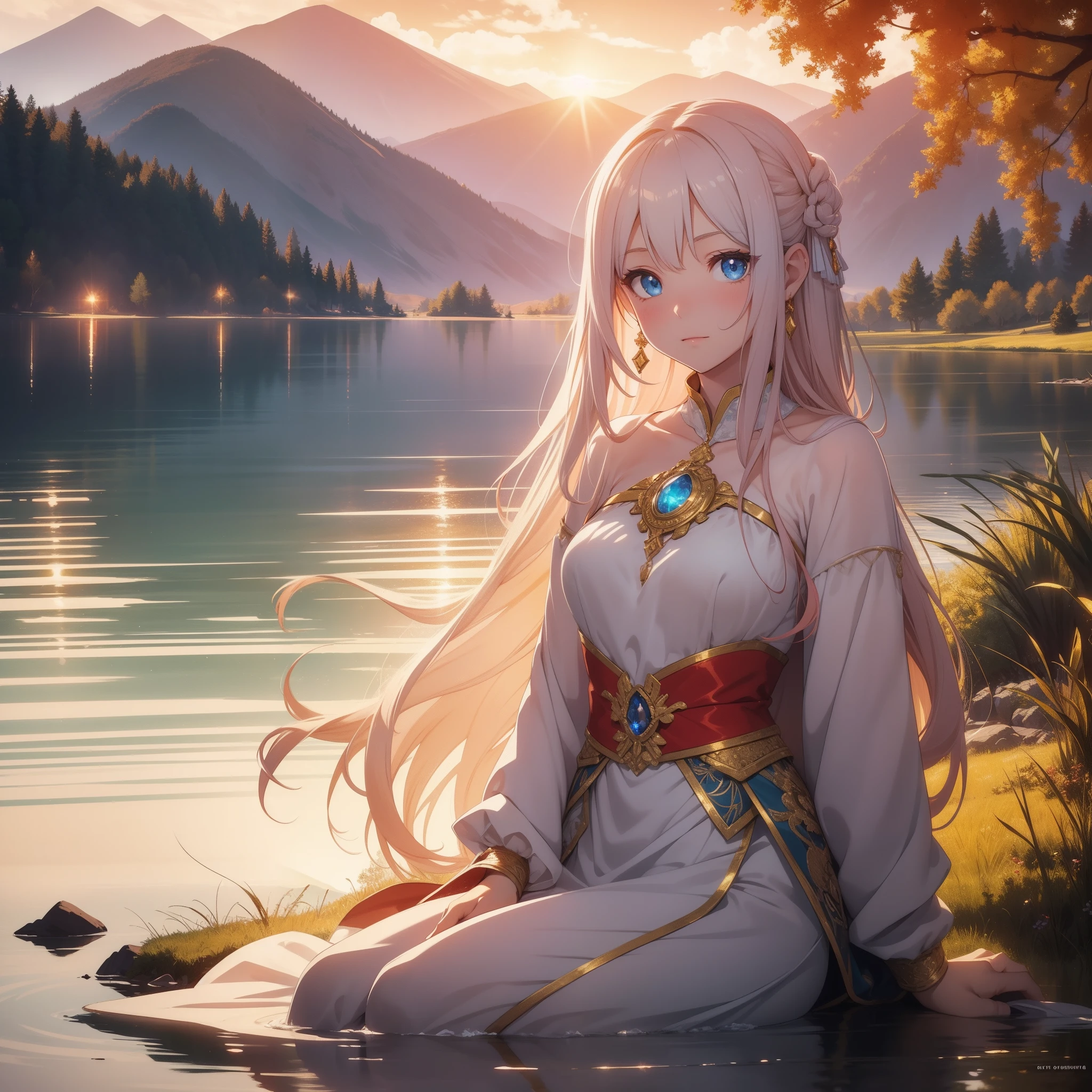 1 girl, serene expression, sky blue eyes, straight waywy long red hair, flowing dress, poised posture, porcelain skin, subtle blush, crystal pendant
BREAK
golden hour, (rim lighting):1.2, warm tones, sun flare, soft shadows, vibrant colors, painterly effect, dreamy atmosphere
BREAK
scenic lake, distant mountains, willow tree, calm water, reflection, sunlit clouds, peaceful ambiance, idyllic sunset, ultra detailed, official art, unity 8k wallpaper
, zentangle, mandala