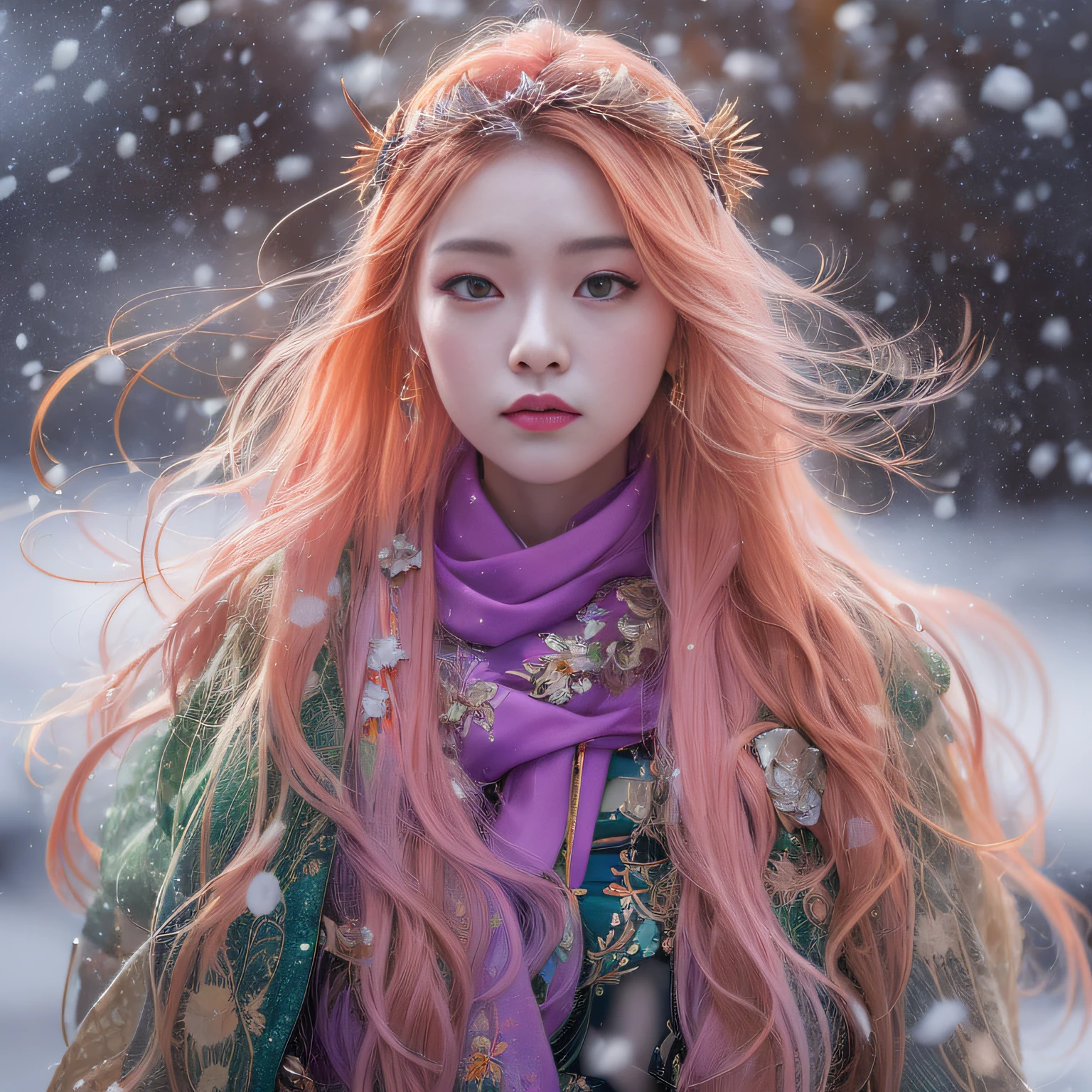 Exclusion Zone 32K(tmasterpiece,k hd,hyper HD,32K)Long flowing light orange hair,Autumn Pond,zydink, a color, Tongzhou people (Girl with glowing eyes), (Thin silk scarf), Side squat position, looking at the ground, long whitr hair, Floating hair, Python headdress, Chinese long-sleeved clothing, (abstract ink splash:1.2), white backgrounid,Lotus protector(realisticlying:1.4),Purple-pink hair,Snowflakes fluttering,The background is pure, A high resolution, the detail, RAW photogr, Sharp Re, Nikon D850 Film Stock Photo by Jefferies Lee 4 Kodak Portra 400 Camera F1.6 shots, Rich colors, ultra-realistic vivid textures, Dramatic lighting, Unreal Engine Art Station Trend, cinestir 800,Long flowing light orange hair