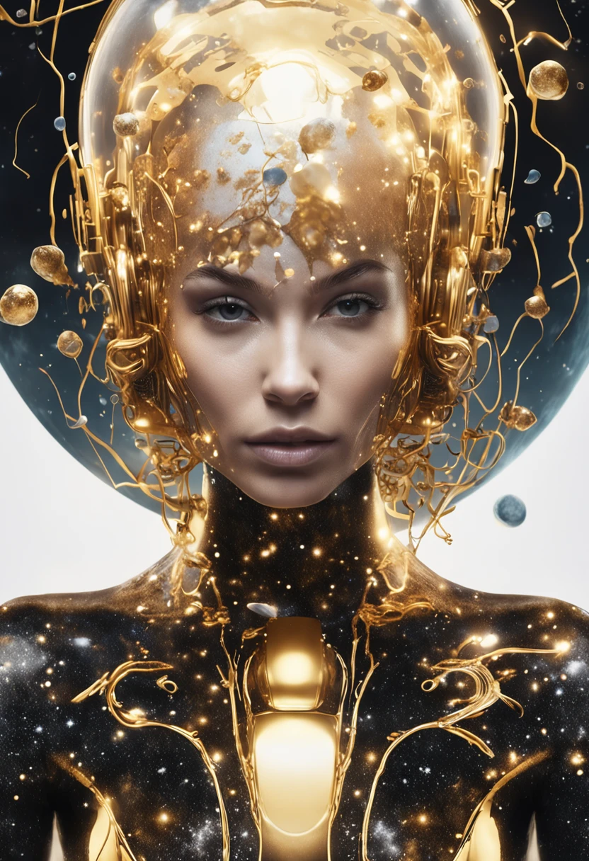 close-up of a young woman wearing a black dress and gold liquid, liquid gold with porpurine, shiny, pretty face, detailed eyes, soft lips, floating in outer space and planets in the background, fluid, wet, dripping, waxy, smooth, realistic , octane rendering