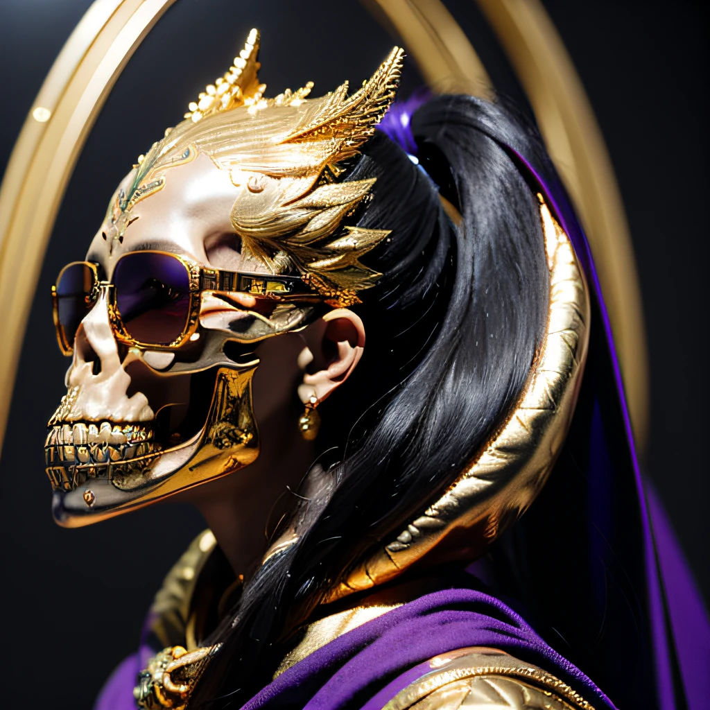 Late at night when it snows，32K（tmasterpiece，k hd，hyper HD，32K）Purple-pink double ponytail，flower stick，Indigo Skull King ，Mahogany steering wheel （The skeleton is realistic：1.4），Crocodile pattern robe，Rusty skull ornaments，Sargin linen cloak，Petals flutter，Deep gold sunglasses，Hold your head high，Be proud，The nostrils look at people，A primary and secondary school student， A high resolution，Xueba， the detail， RAW photogr， Sharp Re， Nikon D850 Film Stock Photo by Jefferies Lee 4 Kodak Portra 400 Camera F1.6 shots, Rich colors, ultra-realistic vivid textures, Dramatic lighting, Unreal Engine Art Station Trend, cinestir 800，Hold your head high，Lateral face，Be proud，The nostrils look at people，Tsundere，Petals flutter，Petals flutter，Crocodiles sprinkled with gold dust，Fluttering，Impeccable，( reasonable design, Clear lines, High sharpness,Best quality, Very detailed skeleton, The skeleton of a masterpiece, offcial art, movie light effect, 8K crocodile skeleton（（（Platinum marble sunglasses）））Deep gold sunglasses，side portrait