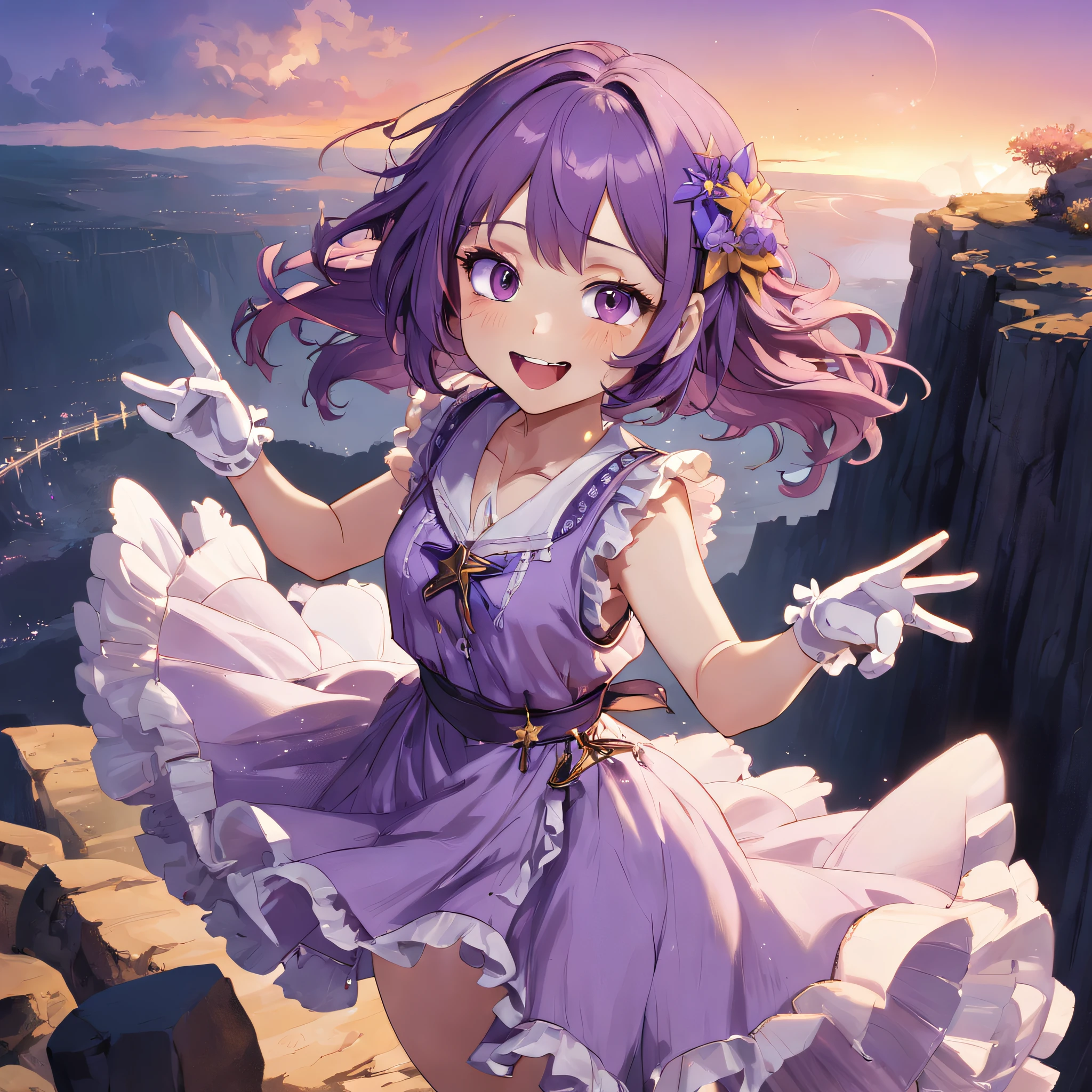 1girl, full body, cowboy shot,
(Rembrandt), illustration, (masterpiece), (best quality), (ultra_detailed), finely detail, (Depth of field),
HshinoAi,gloves, tongue out, tongue, long hair, star \(symbol\), looking at viewer, (purple hair:1.2), purple eyes, upper body, hair ornament, :p, frills, pink shirt, smile, sleeveless, shirt, idol, symbol-shaped pupils, hands up, bangs, one side up, star-shaped pupils, arms up,
dress pull,
Roaring Twenties, isometric, from above, sky, flower, cliff,