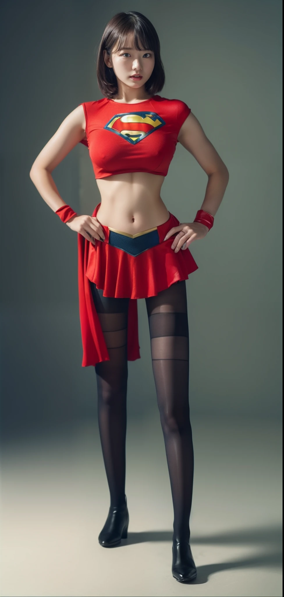 (((Make the most of the original image)))、(((Be sure to wear black tights)))、(((Supergirl Costume)))、(((short-cut、lustrous dark hair)))、(((Wear red boots)))、((Top image quality、8K))、((top-quality、8K、masterpiece:1.3))、Crisp focus:1.2、Beautiful woman with perfect body shape:1.4、Slender Abs:1.2、((layers-Cut、large boob:1.2))、a wet body:1.5、Highly detailed facial and skin texture、