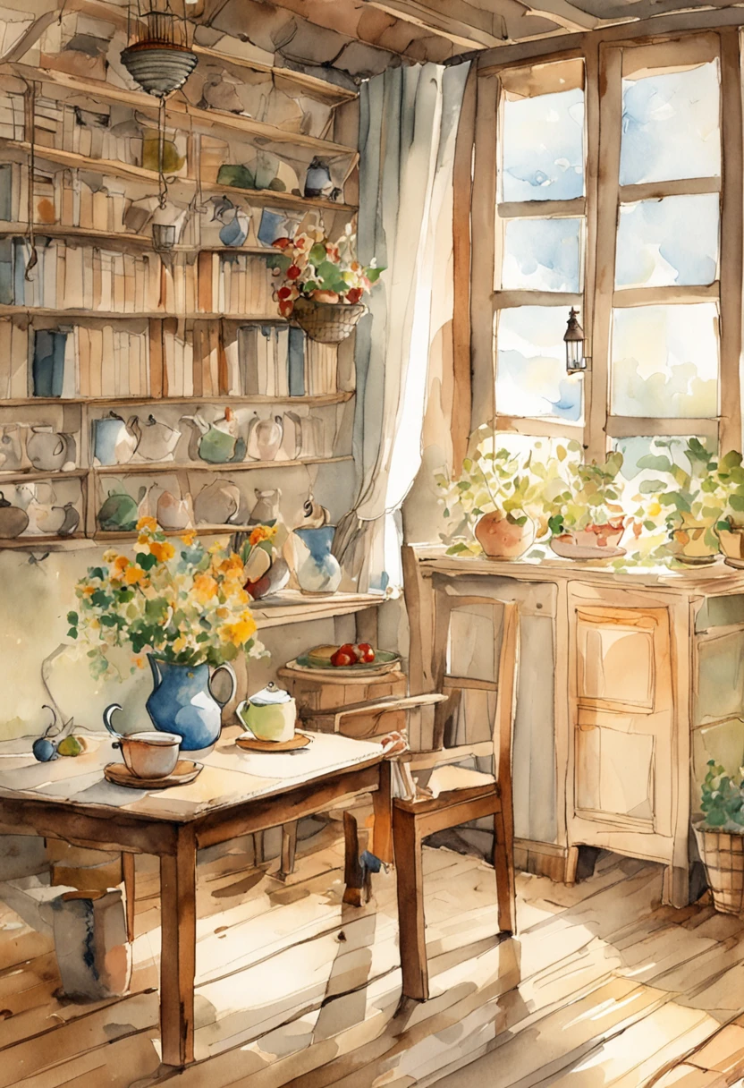 The interior is softly lit,The sunlight coming in through the window creates patches of warm light on the floor。The wooden floor crunches slightly from the dryness of autumn。A faint smell of tea wafted through the room,A cup of hot tea sits quietly at the table, Radiant heat。On the table was a half-open book。,It seems that the owner has just read a book here,Inadvertently lost in thought。The creeper leaves by the window began to gradually turn yellow,The breeze blows through,The leaves rustle。A kitten lying carefree napping in the sun,Move your ears every now and then。The whole room is filled with autumn tranquility and leisure。This simple and comfortable time,Felt very warm and satisfied。
