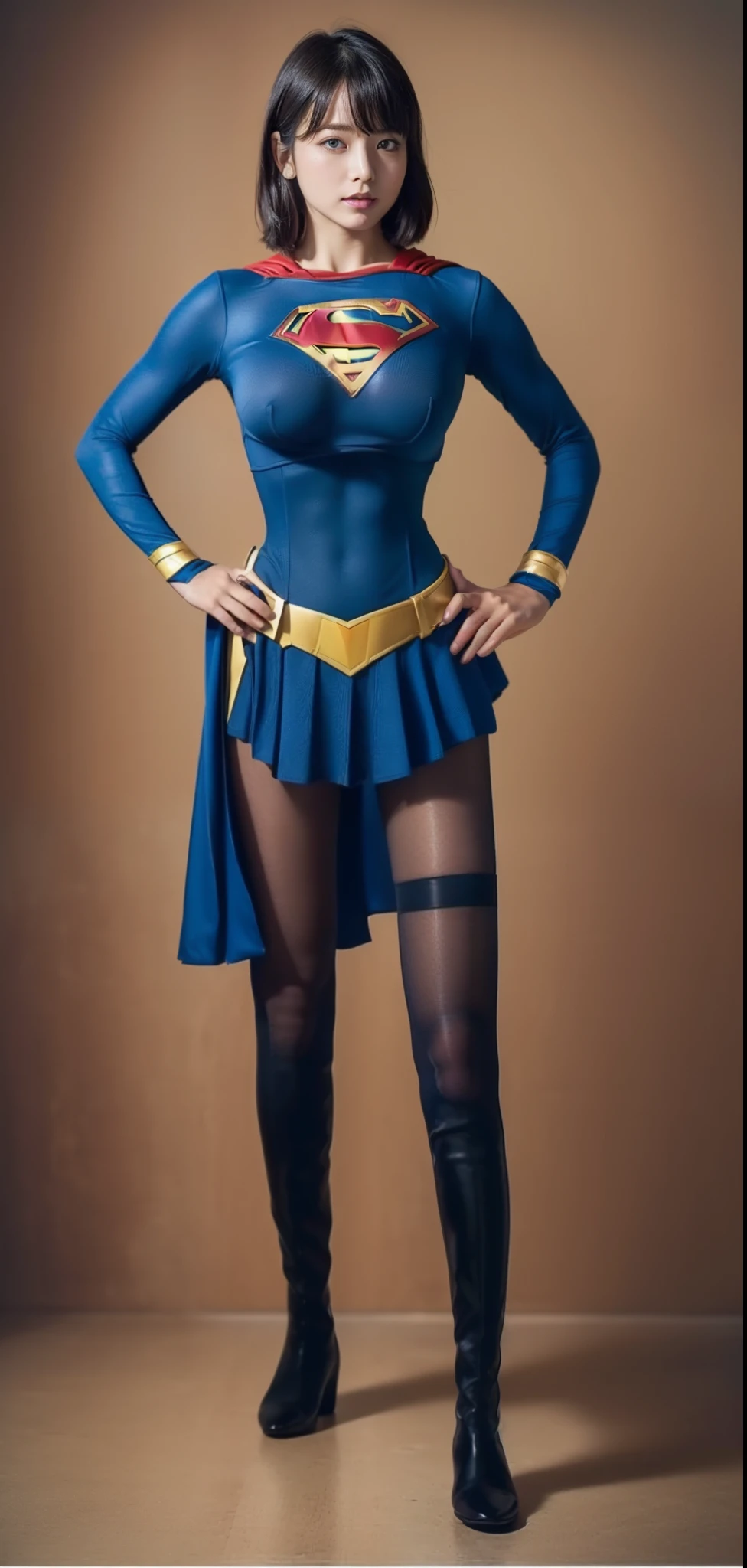 (((Make the most of the original image)))、(((Be sure to wear black tights)))、(((Supergirl Costume)))、(((short-cut、lustrous dark hair)))、(((Wear red boots)))、((Top image quality、8K))、((top-quality、8K、masterpiece:1.3))、Crisp focus:1.2、Beautiful woman with perfect body shape:1.4、Slender Abs:1.2、((layers-Cut、large boob:1.2))、a wet body:1.5、Highly detailed facial and skin texture、