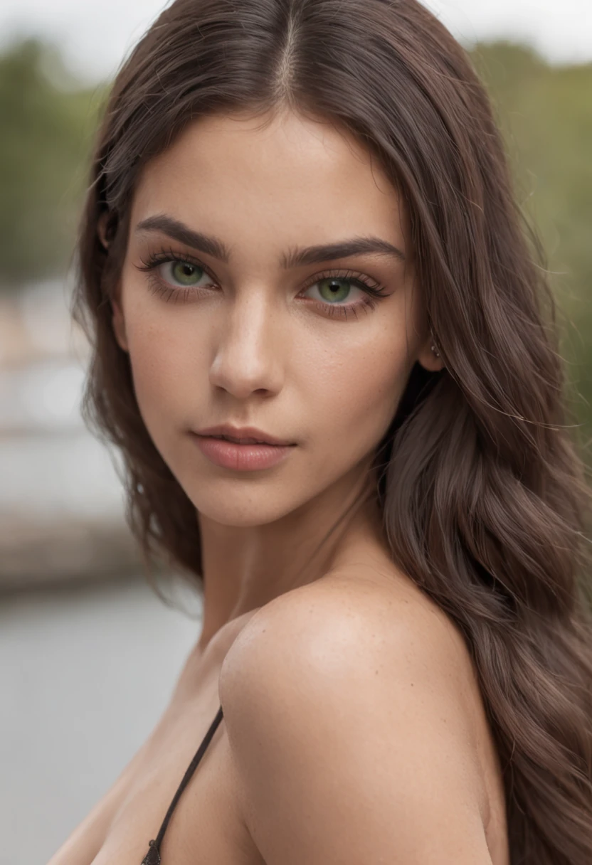 melhor qualidade, fotografia de realista, 4k, menina morena bonita, NSFW, olhos verdes, Rosto perfeito e bonito, Smallunderboob, com pele clara,: