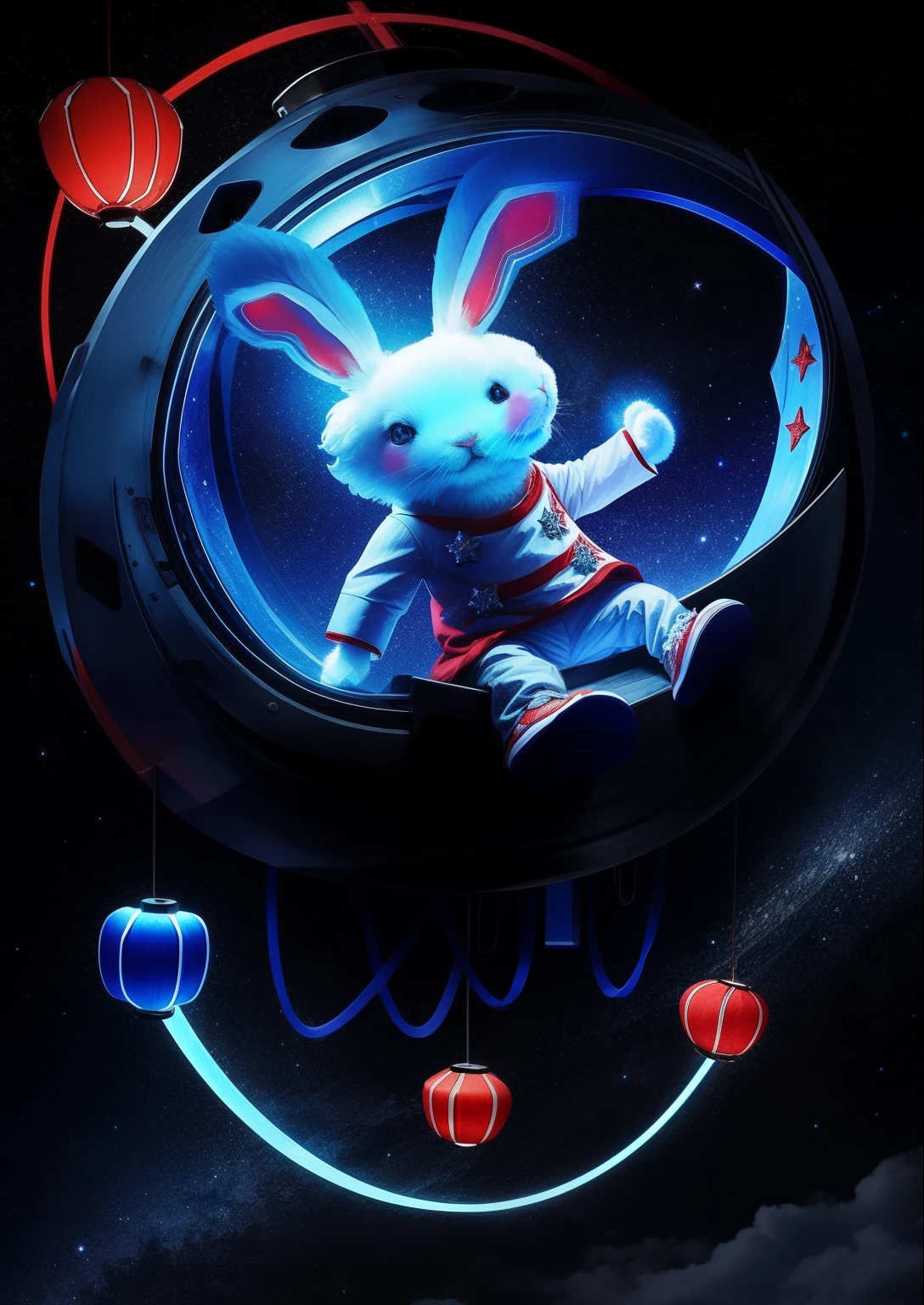 Blue starry sky background，A white rabbit，wears long red robe，with headphones on，Wear stylish sneakers on your feet，Sit on the machine moon，Machine Moon will make mooncakes，Night neon effect，Hanging lanterns