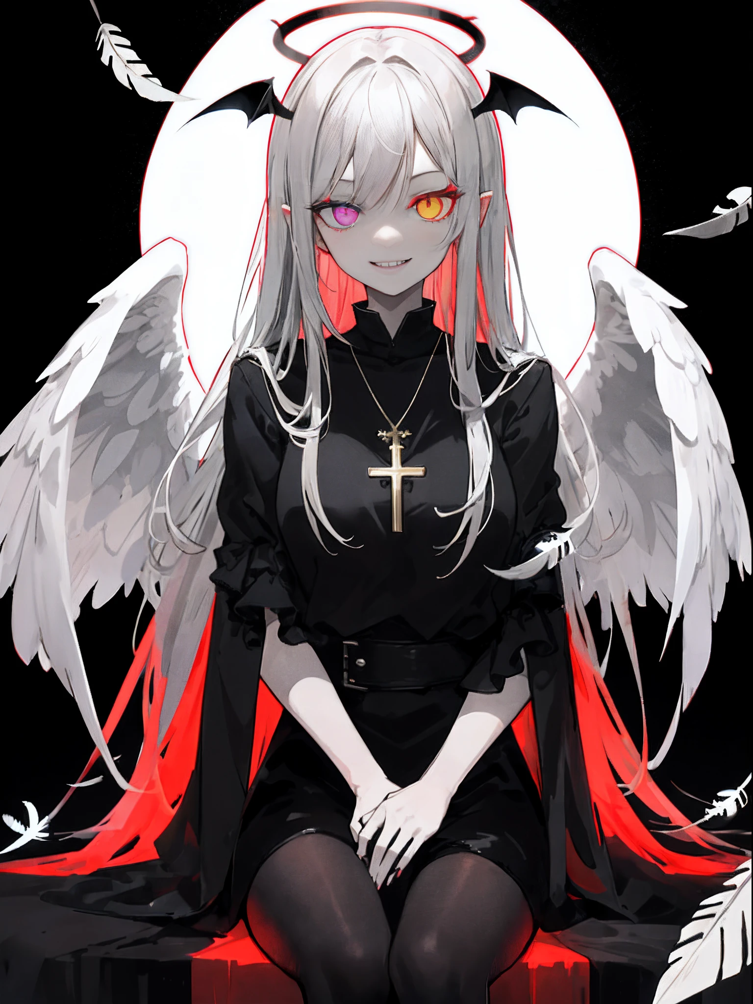 1girl in, (Scary), Angel, Gorgios, on the lap, (red halo), Dark, Glowing eyes, Heterochromia eye, Angel wings, glowing pendant, holy, Sensual milf, black tunic, Feathers, which are full of confidence, Smile, Expressive eyes, collofull eyes, Contrasty, shadowy, masutepiece, Digital Art, Glowing eyes, Intimidating, corrupted, Demonic