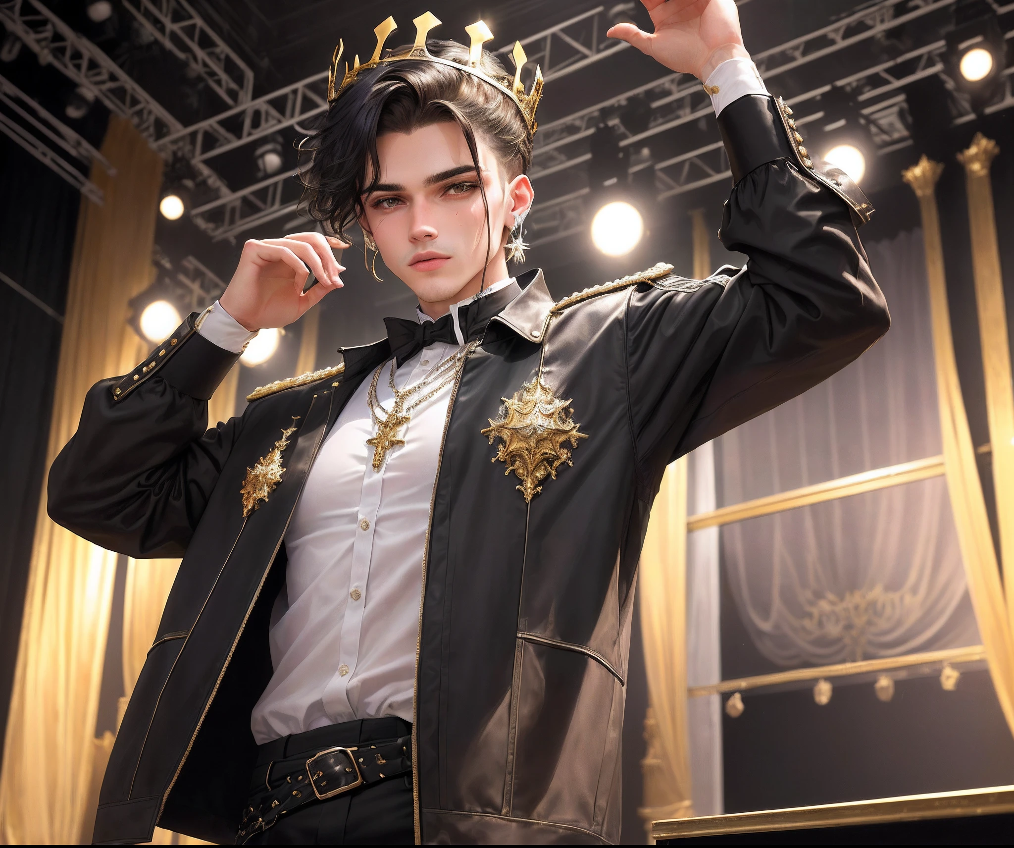 There is a man in front of a stage with a crown, inspirado em Karl Thiart, inspired by Bálint Kiss, inspirado em Karl Hagedopoorn, inspirado em Kurt Roesch, inspirado em Michel Kikoine, mall goth, Inspirado em Kris de Deltarrune, moda kitsch, inspirado em Kieran