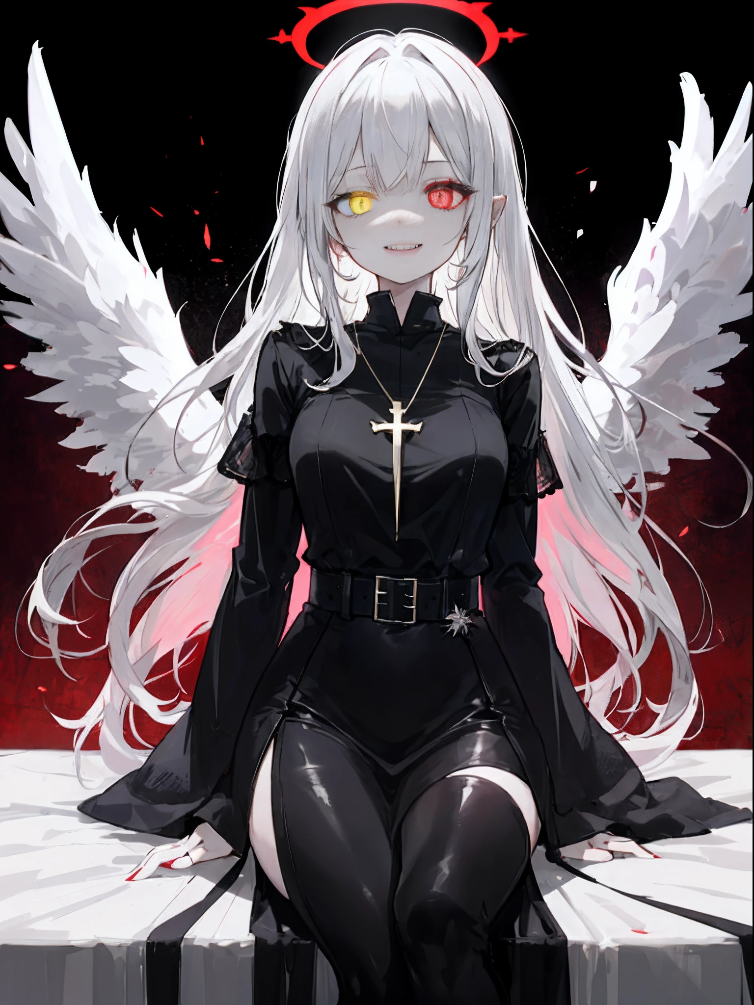 1girl in, (Scary), Angel, Gorgios, on the lap, (red halo), Dark, Glowing eyes, Heterochromia eye, Angel wings, glowing pendant, holy, Sensual milf, black tunic, Feathers, which are full of confidence, Smile, Expressive eyes, collofull eyes, Contrasty, shadowy, masutepiece, Digital Art, Glowing eyes, Intimidating, corrupted, Demonic