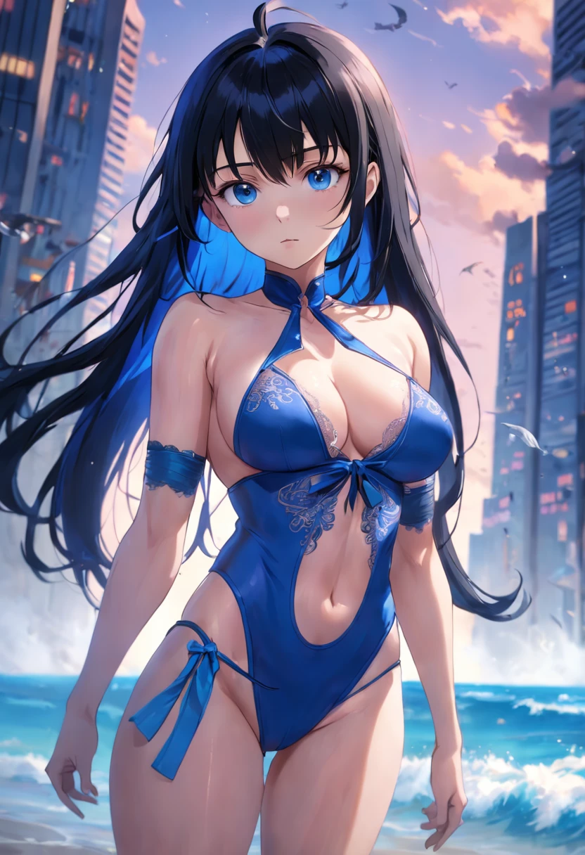 (SFW), (Clean, (Masterpiece), best quality, professional, highly detailed, HDR,UHD,16K), 1young_woman, solo, (mature and sexy:1.3), perfect body, big breasts, long black hair, straight hair, bangs, expressive eyes, (dark blue eyes:1.5), perfect face, (Blue bikini:1.3), Beach