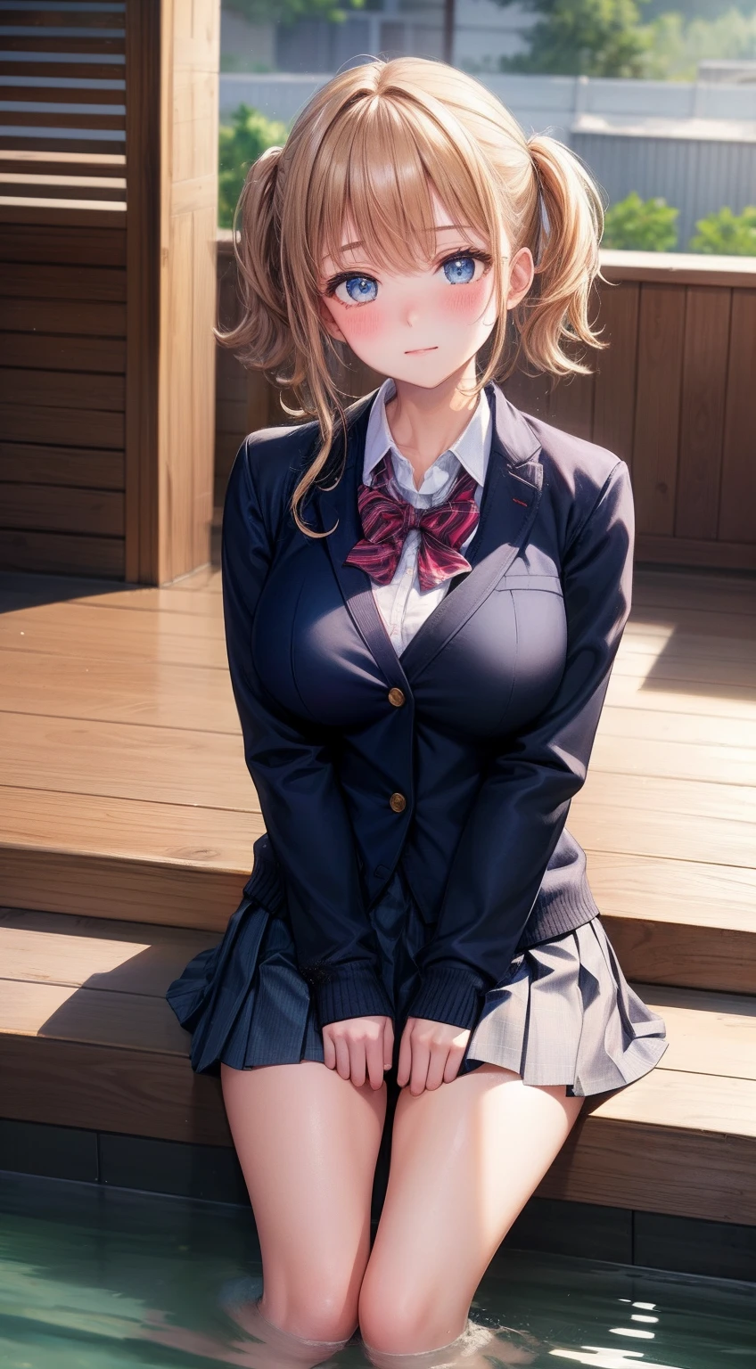 seductive anime girl, [ 4 k digital art ]!!,ultra realistic picture, overdetailed art, 8k high quality detailed art,curvy tanned gyaru,(tareme,thick lips:1.3),dress shirt,cardigan,school uniform,sidetail,pleated skirt,brown loafers,bow tie,blonde short wavy hair,(tanned skin:1.3),dark skin,loose socks,sweaty,close up,sitting,in classroom,(pubic hair),naughty smile,