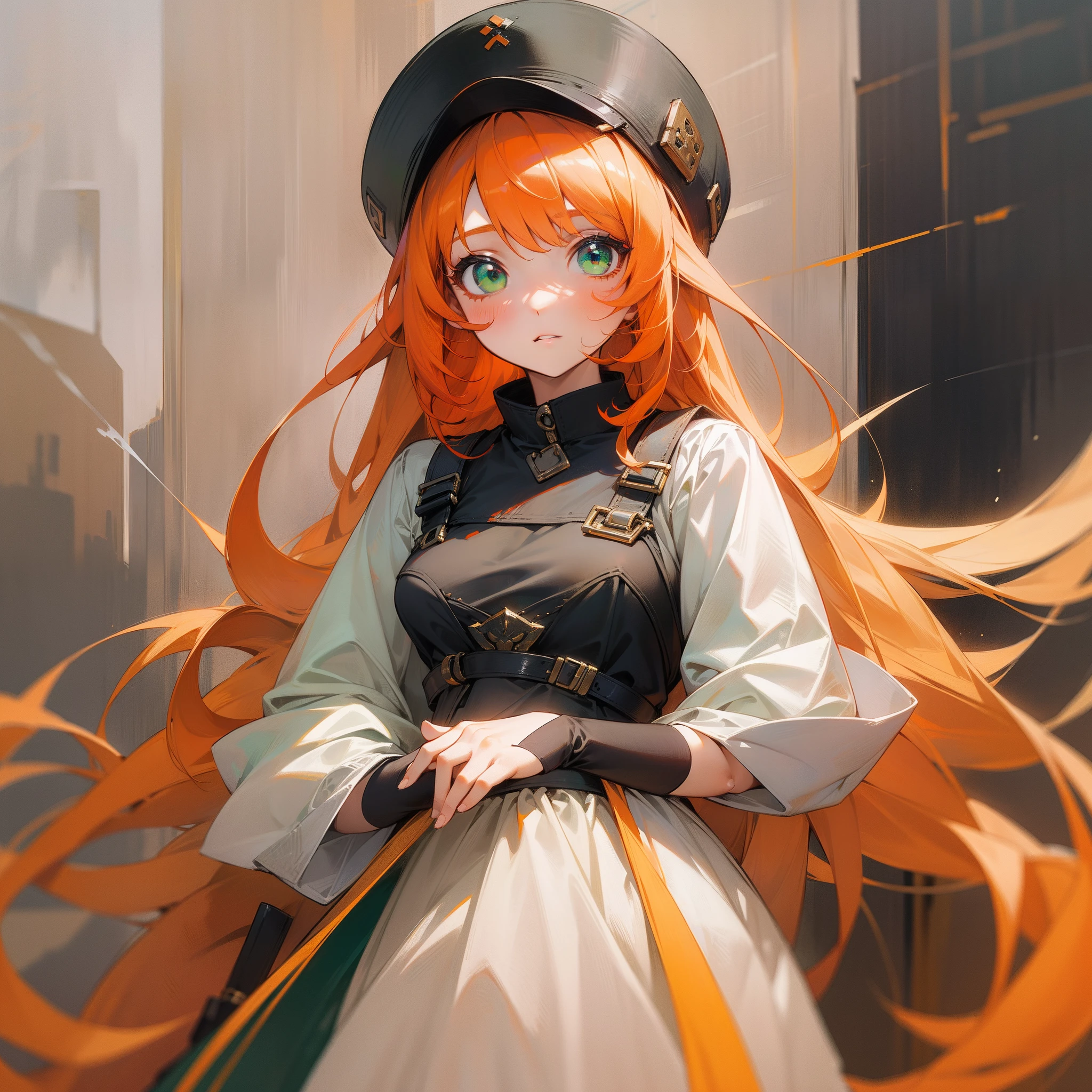 (top-quality、​masterpiece)、1girl in、looking at the viewers、long orange hair、Green eyes