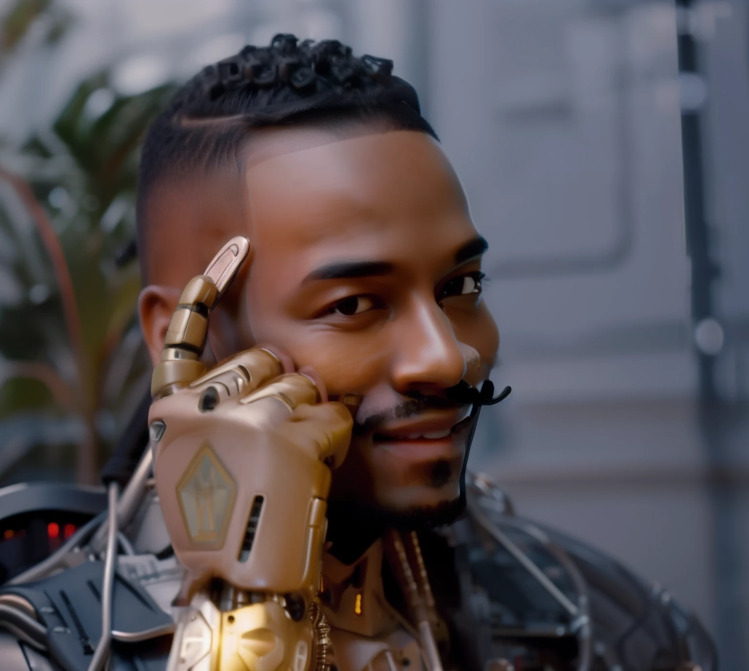 Black robot with index finger resting on the side of head with a nefarious smile and a black mustache.