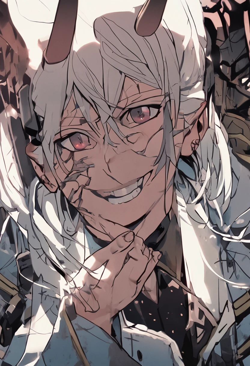 boy, white hair, long straight hair, red eyes, wild smile, sharp teeth, pointed ears, beige skin, white sweater, black suspenders, black cargo pants, red tribal tattoos, red facial tattoo, feather necklace, high details, high quality, 4K, HD, anatomically correct