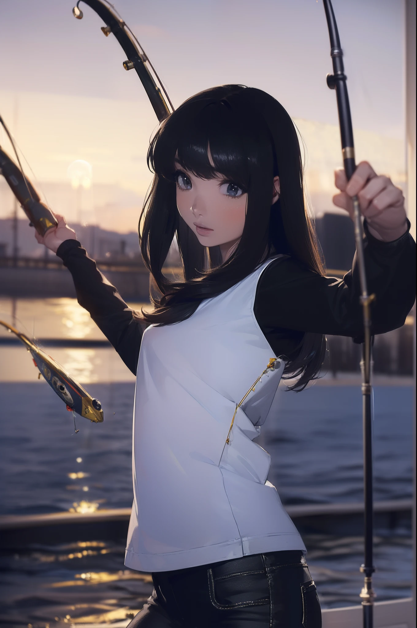 ((((casting a lure and having fishing rod with a reel by the lakeside:1.5)))),((Female 28 years old)),((Best Quality:1.5)),(((Hands with the correct number and structure of fingers:1.4))),((Big fish:1.37)),hight resolution,ultra-detailliert,masterpiece,best qualtiy,(Eight-headed body),Black hair, long eyes-lashes, Solid Circle Eyes, drop shadow, Atmospheric perspective,Super Detail, ccurate, small brest,(Black jacket and black jeans :1.1),top-quality, blurry backround, bokeh dof:1.2, (masterpiece:1.3), Atmospheric perspective,Super Detail,dynamic compositions,
