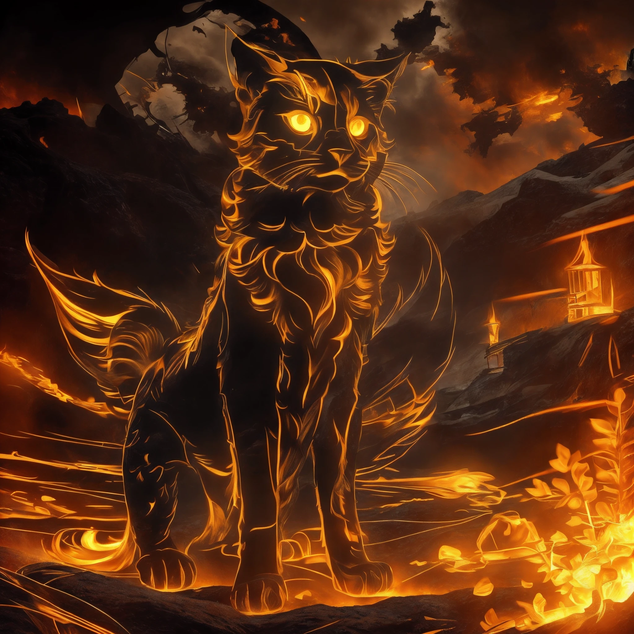 Drawing, fantasy, realism, detail, dynamism of movements, portrait, man frozen in lava, detail, covered with ash (detailing), man 30 years old, covered with lava, yellow eyes visible, fire, frozen lava, cave, clarity 8 k