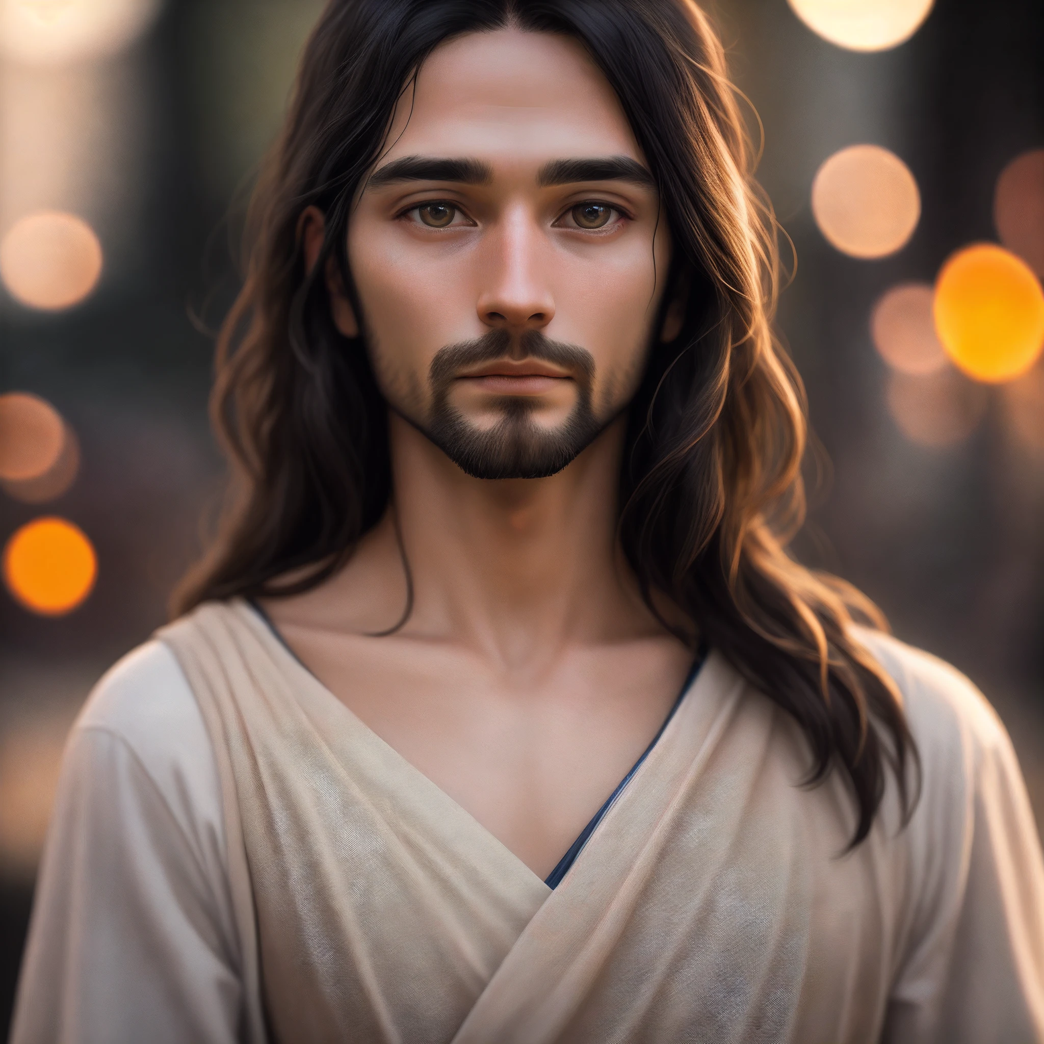 portrait of modern day Jesus, cinematic lighting, depth of field, bokeh, realism, photorealistic, hyperrealism, professional photography, uhd, dslr, hdr