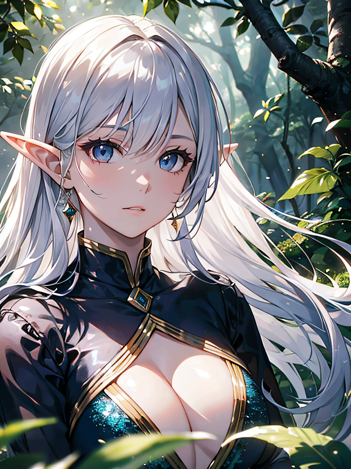 Stunning elf with distinctive and magical features. Your face is the main focus of the image. Ela possui longos cabelos ondulados em um tom profundo de roxo, that glows with silvery reflections under the light of the trees. His eyes are equally purple, emitindo um brilho misterioso e hipnotizante, as if they contained the vastness of the cosmos. Your skin is pale and smooth, with a translucent touch that contrasts with the intensity of his features. She is dressed elegantly, with clothes that seem woven by nature itself, emphasizing your connection to the natural world. The expression on his face is serene and wise, reflecting the depth of their knowledge and experiences. The environment around her suggests that she is in a magical forest, where rays of light filter through the leaves of trees, creating patterns of shadow and light that dance delicately on your face. Attention to detail and magical atmosphere are key to capturing the essence of this extraordinary elf.