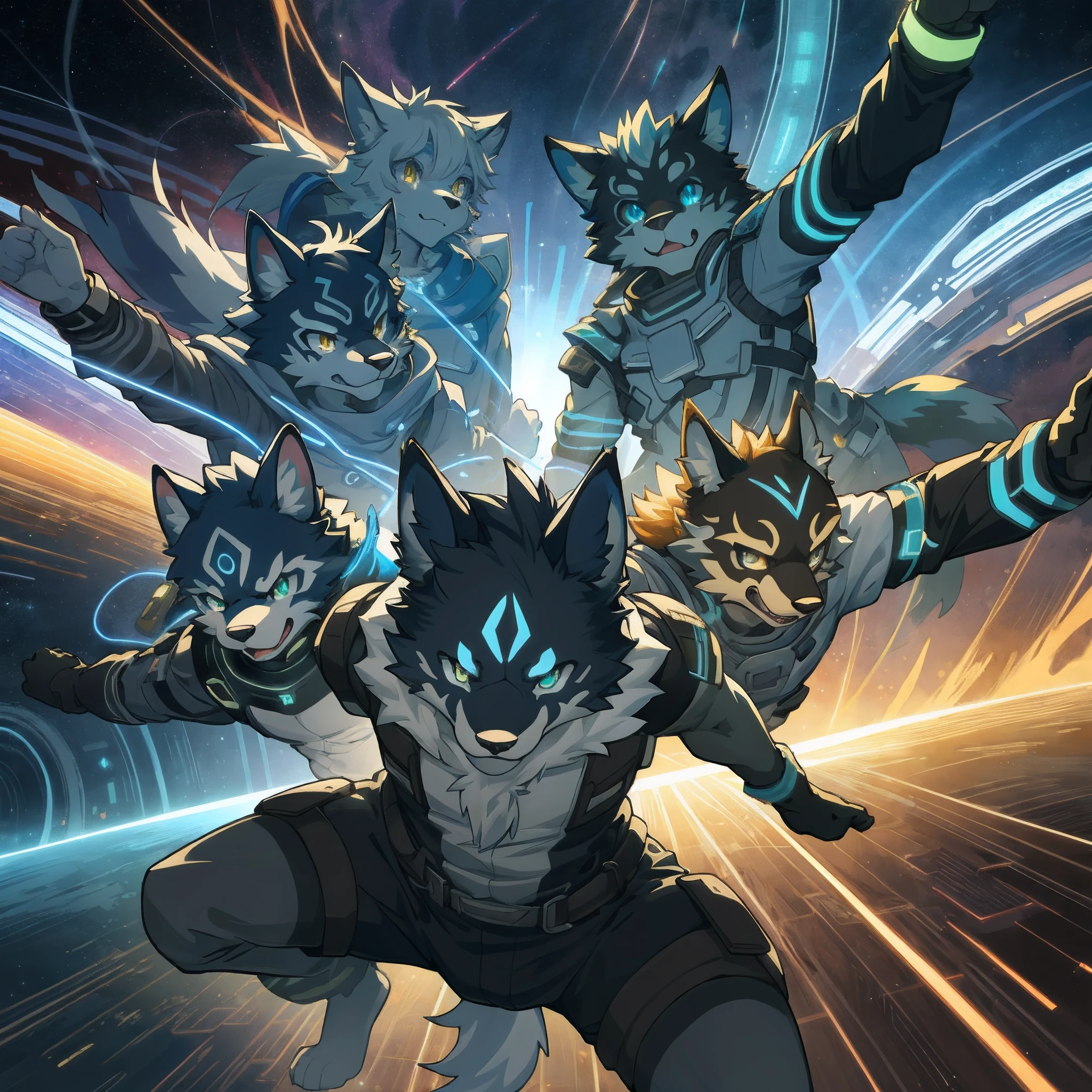 top quality, best quality, High-quality illustrations, masterpiece, super high resolution, detailed background, glow line hologram, cyber space, Time patrol, 6+boys, 6+girls, absurdres(highly detailed beautiful face and eyes)perfect anatomy, expression, caustics, dynamic lighting, cinematic shadow(kemono, furry anthro)assorted poses, dynamic angle,