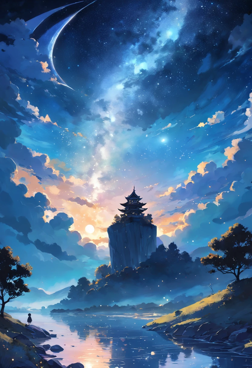A painting of a river with stars and moon in the sky, concept art inspired by Tosa Mitsuoki, pixiv contest winner, best quality, fantasy art, beautiful anime scene, a bright moon, moonlit starry environment, dream painting, Anime Background Art, Fantasy Landscape Art, Fantasy Night, Anime Background, Background Artwork, Fantastic Art, Atmospheric Anime, Starry Sky, Detail Enhanced.