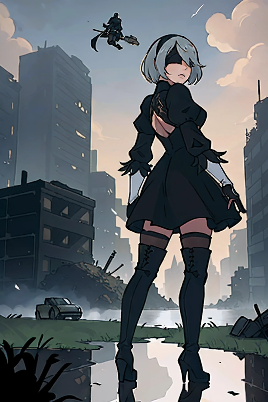 yorha no. 2 type b, 1girl, absurdres, black blindfold, black dress, black hairband, blindfold, blue sky, boots, building, city, cloud, covered eyes, debris, dress, feather-trimmed sleeves, feather trim, from below, gloves, grass, hairband, high heel boots, high heels, highres, juliet sleeves, katana, leather, leather boots, long sleeves, nier \(series\), nier automata, outdoors, overgrown, pod \(nier automata\), post-apocalypse, puddle, puffy sleeves, rubble, ruins, scenery, sky, thigh boots, thighhighs, thighhighs under boots, water