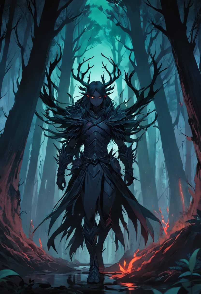 Close up of a person standing in a dark forest, concept art of a dark forest, Dark fantasy forest, dark fantasy artwork, an ominous fantasy illustration, dark fantasy style art, dark fantasy concept art, Dark fantasy background, dnd in a dark forest, Epic fantasy digital art style, dark fantasy environment, The Forbidden Forest, Dark fantasy landscape, 8K fantasy art