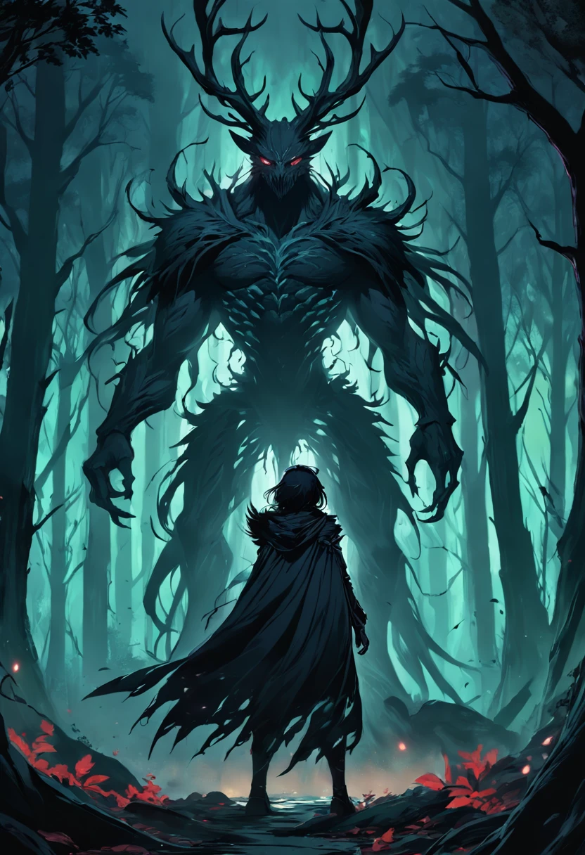 Close up of a person standing in a dark forest, concept art of a dark forest, Dark fantasy forest, dark fantasy artwork, an ominous fantasy illustration, dark fantasy style art, dark fantasy concept art, Dark fantasy background, dnd in a dark forest, Epic fantasy digital art style, dark fantasy environment, The Forbidden Forest, Dark fantasy landscape, 8K fantasy art