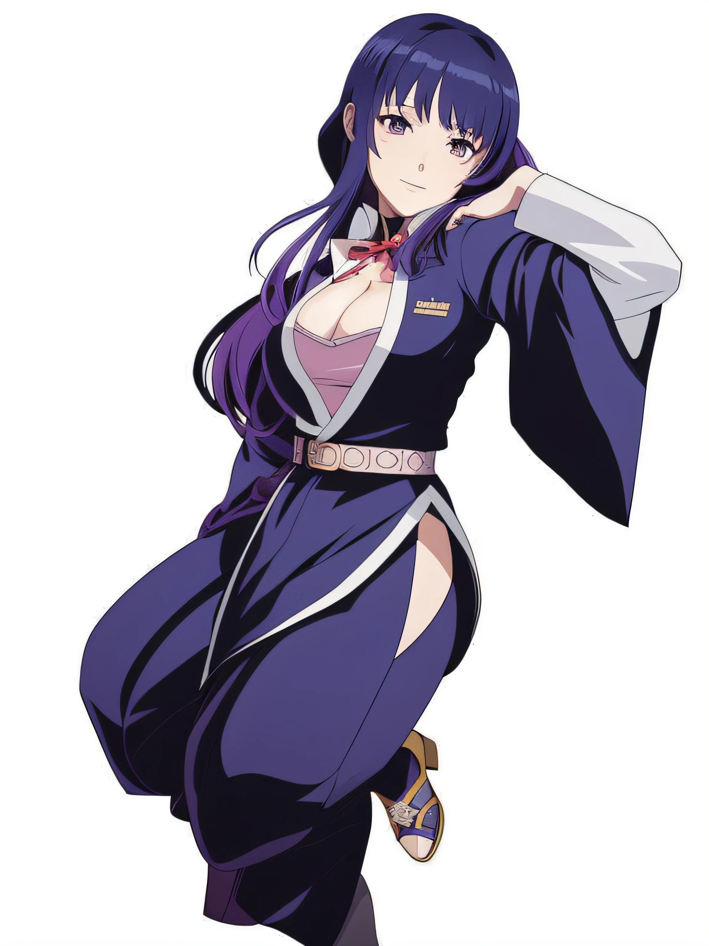 A woman in a purple outfit is dancing with her hands on her hips, Misato Katsuragi, Yuri Misaki, personagem de anime feminino, Maya Fey, da Ace Attorney, female action anime girl, shalltear from overlord, hinata hyuga, arte oficial do personagem, Mai Yonyyama, imagem de anime shuushuu, Arte Oficial