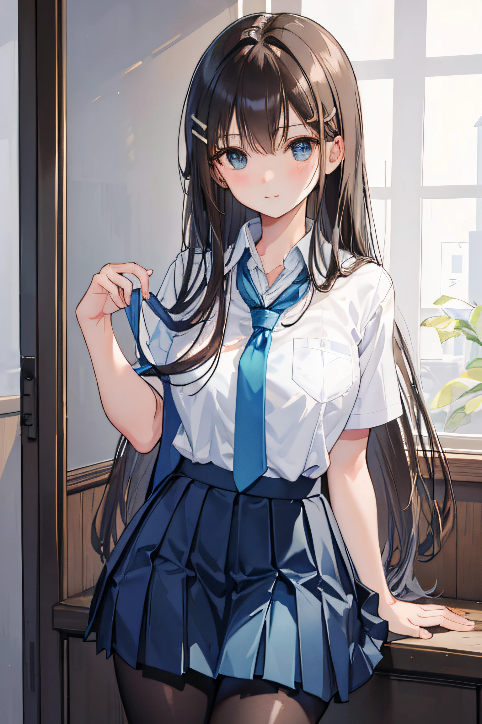 8k, best quality, real picture, intricate details, ultra-detailed, ultra highres, depth field,(photorealistic,realistic:1.2),masterpiece, 0.25 :: close-up , straight-on shot , from miiddle , 1girl, ai_chan, an extremely beautiful 17-year-old girl, innocent big eyes, (Brown_long_hair), (GREEN_eyes:1.0),disheveled hair,(hairclip), perfect shiny skin, flawless skin, fair skin, cleavage, narrow waist, light blush, solo, looking at viewer, light smile, sweat, wearing ((school_uniform), (white_skirt),(BLUE_Long_Tie), (BLUE_pleated_skirt), (Black_pantyhose) :1.2), (gravure pose :1.1), sunset , high school in Japan ,people only no background