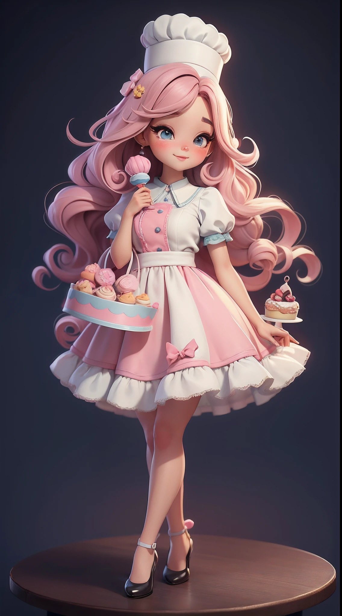 Create a series of chibi-style dolls with a cute pastry chef theme, each with lots of detail and in an 8K resolution. All dolls should follow the same solid background pattern and be complete in the image, mostrando o (corpo inteiro, incluindo as pernas: 1.5)

Boneca Doceira: Chame-a de Bella. Ela deve ter cabelo longo e cacheado em tons pastel, amarrado em duas marias-chiquinhas. Seus olhos devem ser grandes e brilhantes, with long eyelashes and rosy cheeks. Bella deve estar vestida com um vestido de confeiteira, com avental estampado de cupcakes e saia rodada. She must wear a chef's cap and have a pastry bag in her hand, enquanto na outra segura um prato com cupcakes decorados. Don't forget the details of the cupcakes, com coberturas coloridas e enfeites encantadores, sapato bonito

Certifique-se de adicionar sombras, texturas e detalhes nos cabelos, roupas, confectionery utensils and sweets from each doll, to make them even more adorable and charming.