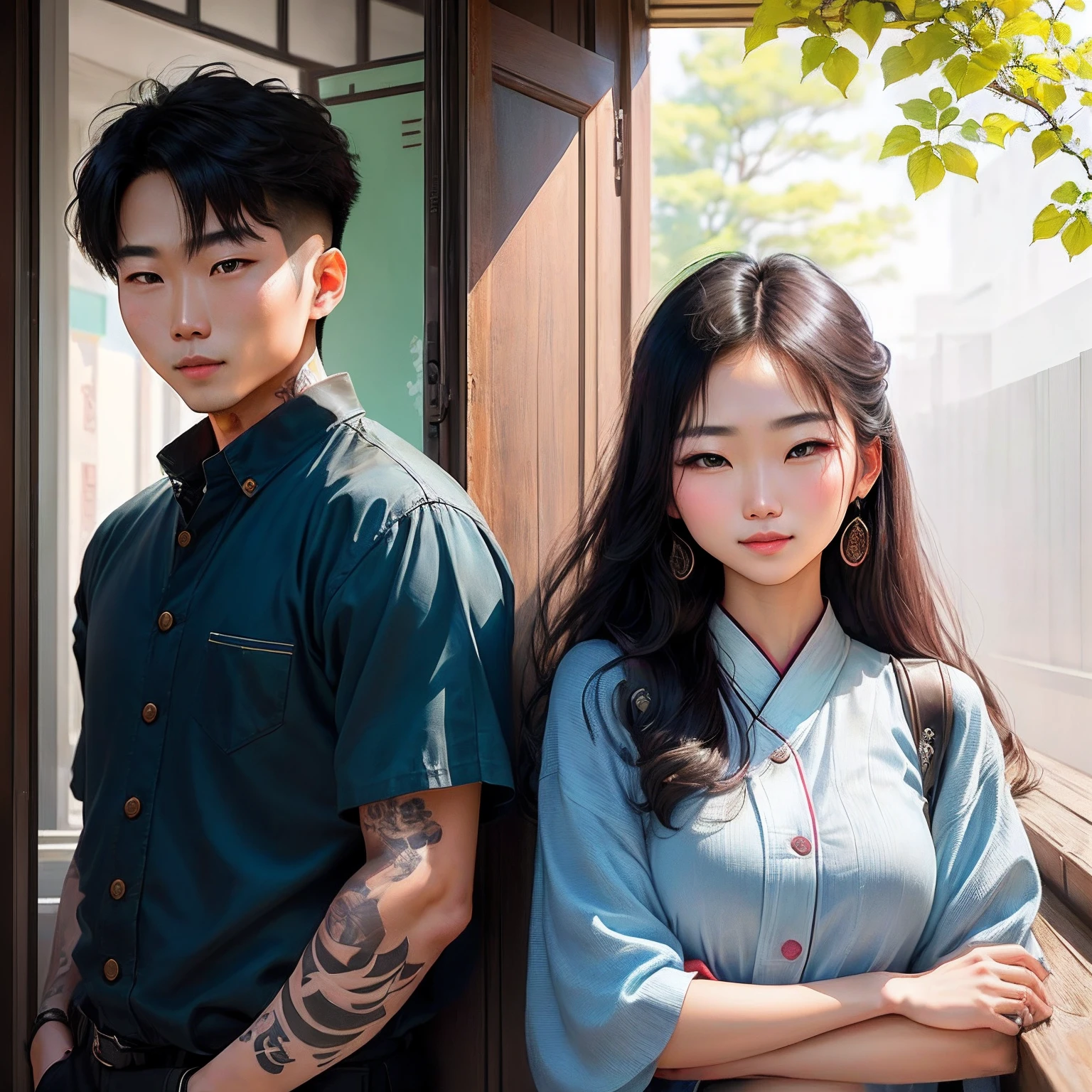 Asian couple posing for colorful photo Beautiful gorgeous south corea man vom tattoo and north corea woman