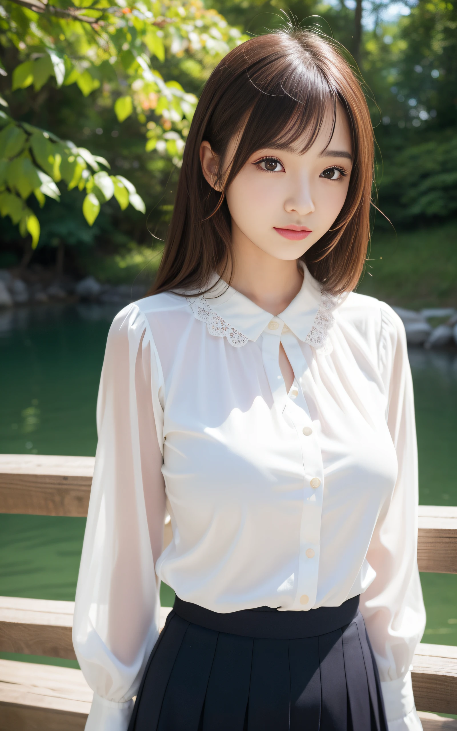 ((Best Quality, 8K, masutepiece: 1.3)), (Sharp Focus: 1.2), Serene riverside scene with a wooden bridge, 1 girl, full body, Neat and clean beauty, 20 years old, japanese, looking away, Classy and elegant, A pretty girl with perfect figure, Cute, Shy, ((Medium hair swaying in the wind)), Big breasts, (Blouse: 1.1), Skirt, Highly detailed face and skin texture, Detailed eyes, Background bokeh，