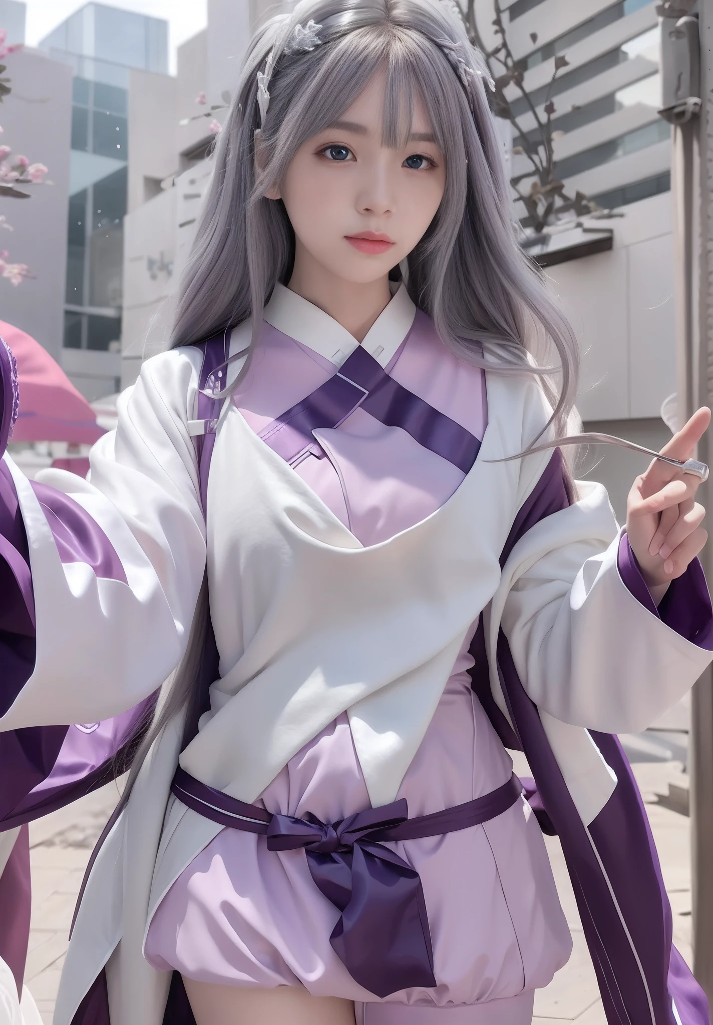 White hair color,Anime girl posing for photo in white with hair color is white, Anime girl cosplay, full body white purple cloak, purple eyes and white dress, Anime cosplay, full body purple and white cloak, dressed with long fluent clothes, sakimichan, cosplay foto, cosplay, Anime girl in real life, white and purple, full-cosplay, White Hanfu,Hair,White hair color,long white hair,whaite hair,silber hair