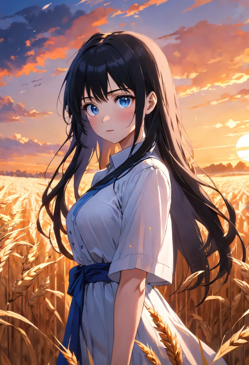 (SFW), (Clean, (Masterpiece), best quality, professional, highly detailed, HDR,UHD,16K), ung_woman, solo, mature and sexy, perfect body, huge breasts, long black hair, straight hair, bangs, expressive eyes, (dark blue eyes:1.5), perfect face, (White Blouse Dress:1.5), Standing in a wheat field, Sunset, (Dutch Angle:1.3)