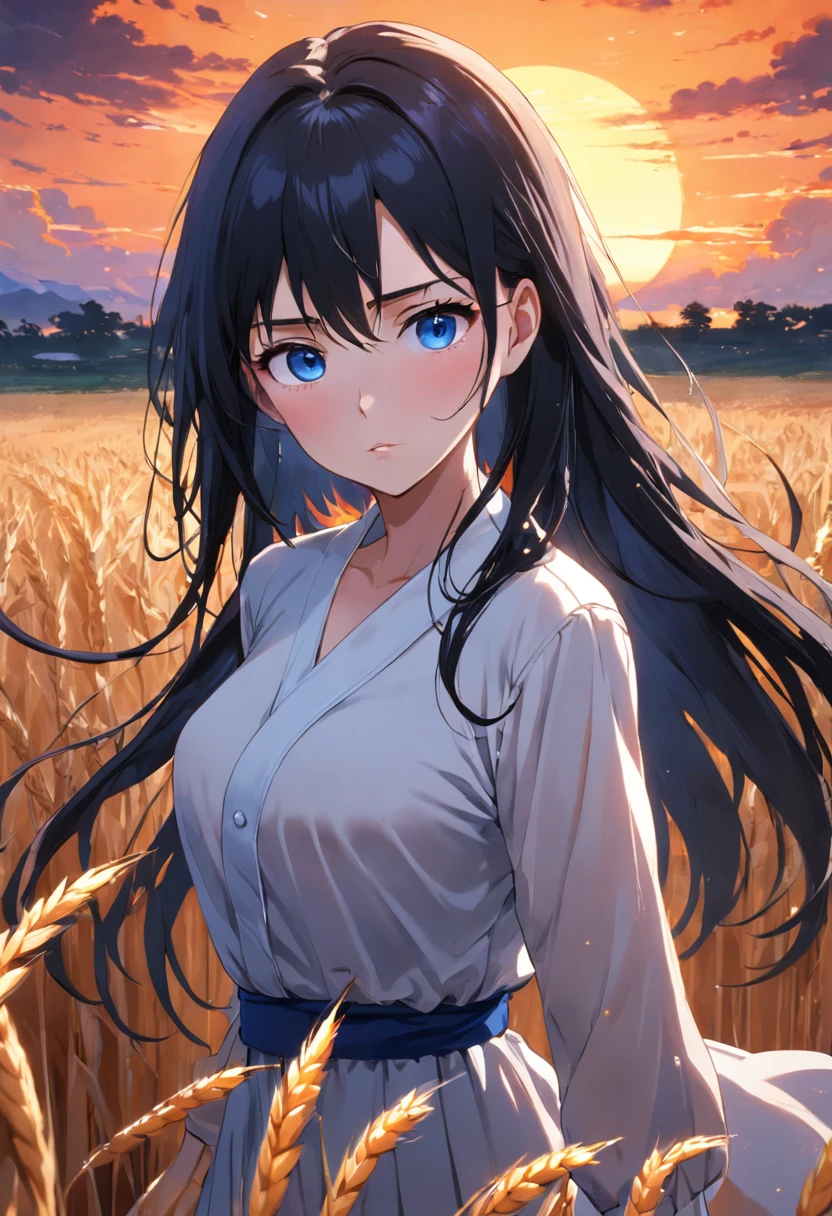 (SFW), (Clean, (Masterpiece), best quality, professional, highly detailed, HDR,UHD,16K), ung_woman, solo, mature and sexy, perfect body, huge breasts, long black hair, straight hair, bangs, expressive eyes, (dark blue eyes:1.5), perfect face, (White Blouse Dress:1.5), Standing in a wheat field, Sunset, (Dutch Angle:1.3)
