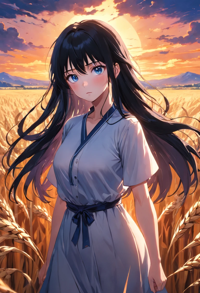 (SFW), (Clean, (Masterpiece), best quality, professional, highly detailed, HDR,UHD,16K), 1young_woman, solo, mature and sexy, perfect body, huge breasts, long black hair, straight hair, bangs, expressive eyes, (dark blue eyes:1.5), perfect face, (White Blouse Dress:1.5), Standing in a wheat field, Sunset, (Dutch Angle:1.3)