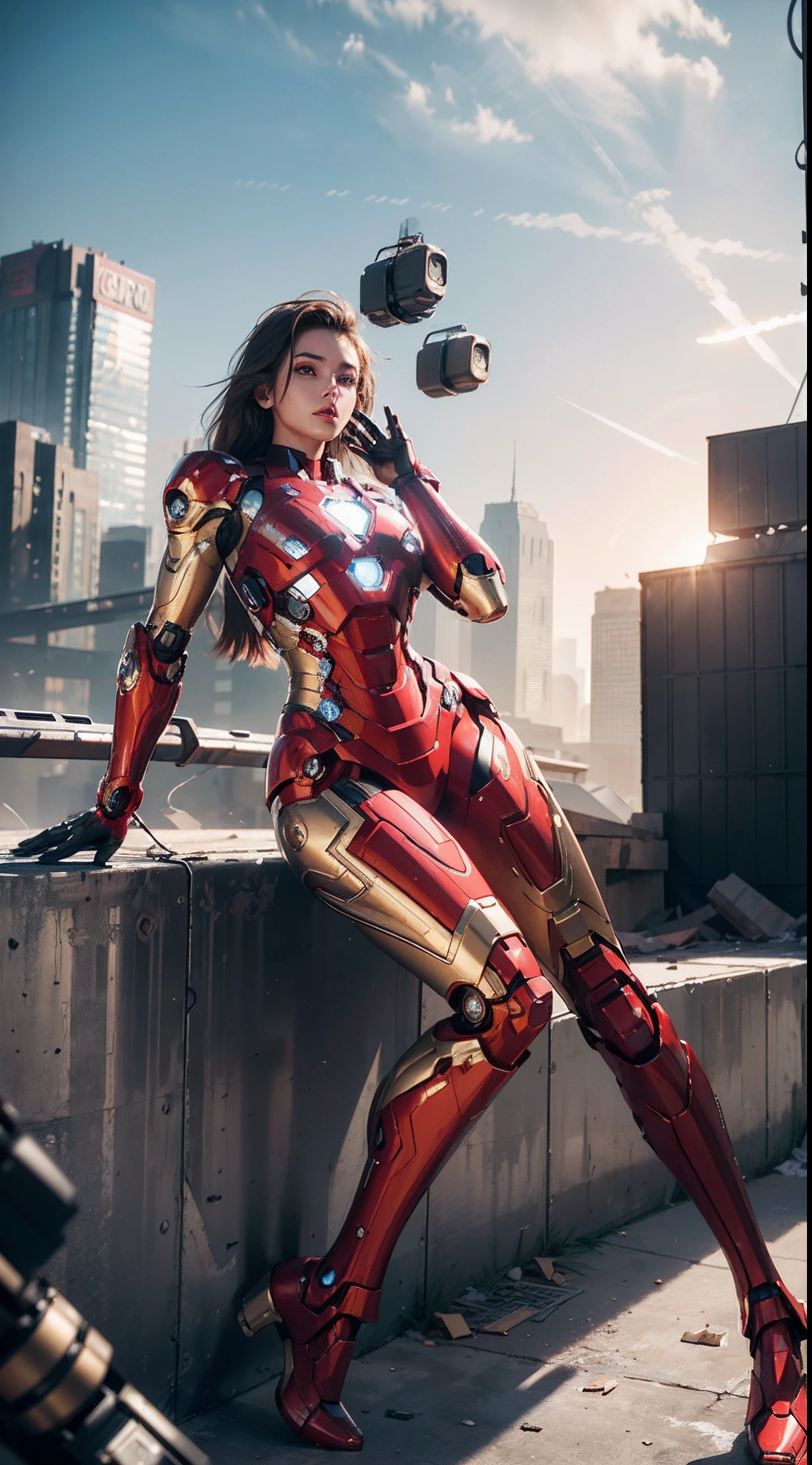 RAW, Masterpiece, Ultra Fine Photo,, Best Quality, Ultra High Resolution, Photorealistic, Sunlight, Full Body Portrait, Stunningly Beautiful,, Dynamic Poses, Delicate Face, Vibrant Eyes, (Side View) , she is wearing a futuristic Iron Man mech, red and gold color scheme, highly detailed abandoned warehouse background, detailed face, detailed and complex busy background, messy, gorgeous, milky white, high detailed skin, realistic skin details, visible pores , sharp focus, volumetric fog, 8k uhd, dslr camera, high quality, film grain, fair skin, photorealism, lomography, sprawling metropolis in futuristic dystopia, view from below, translucent