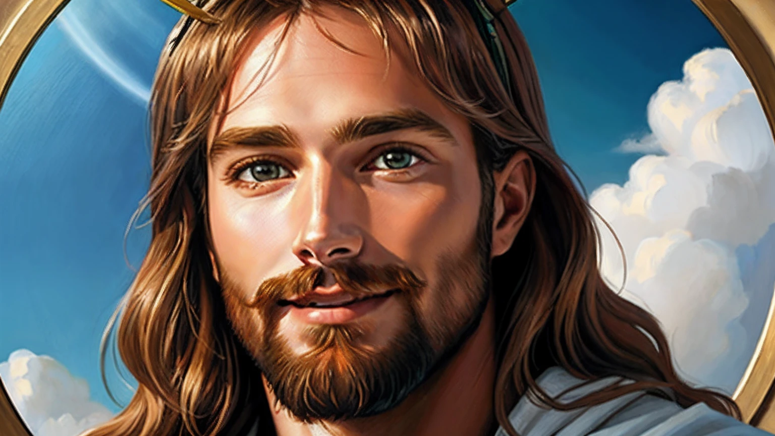 A painting of Jesus with a halo in heaven, Jesus Christ, Smiling in heaven, Portrait of Jesus Christ, Face of Jesus, Young God Almighty, Portrait of a Heavenly God, Greg Olsen, Jesus Gigachad, Jesus of Nazareth, Jesus, The face of God, God looking at me