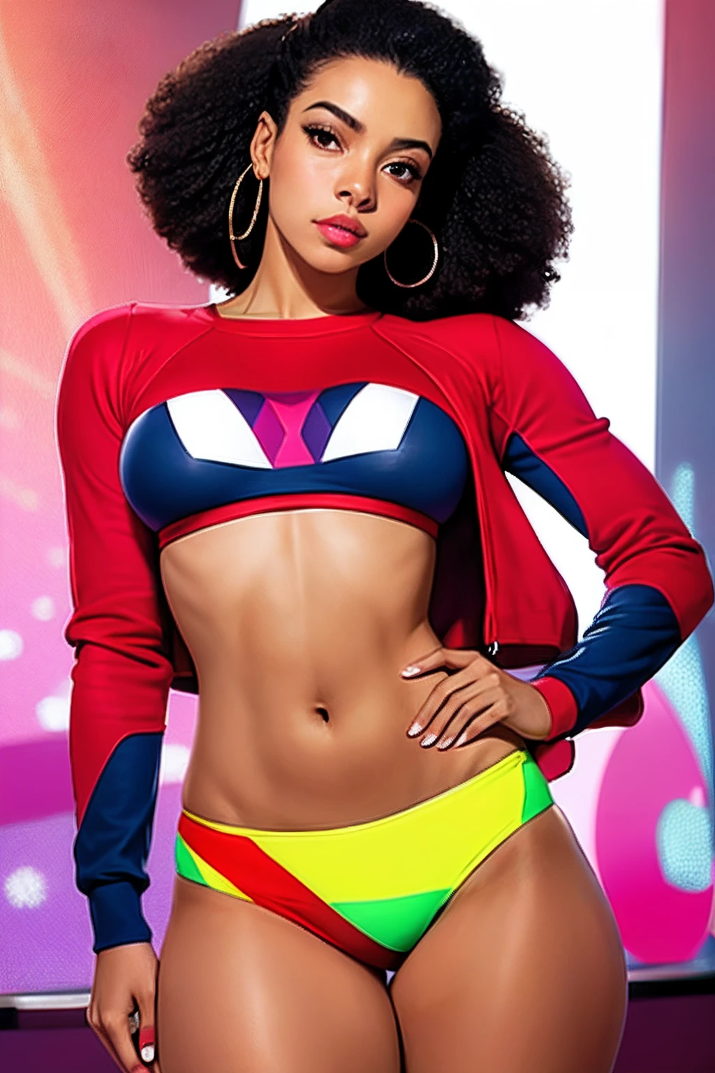 colorful virgin destroyer sweater, 1girl, ((pele escura)) solo, umbigo, calcinha de gravata lateral, underboob, calcinha highleg, octane render, realista, blacklight, 1girl, (cabelo multicolorido:1.3) (pequeno afro), tatuagem, melhor qualidade, ultra alta res, female mature, Hexagon, 1 menina, mid shot, corpo inteiro,