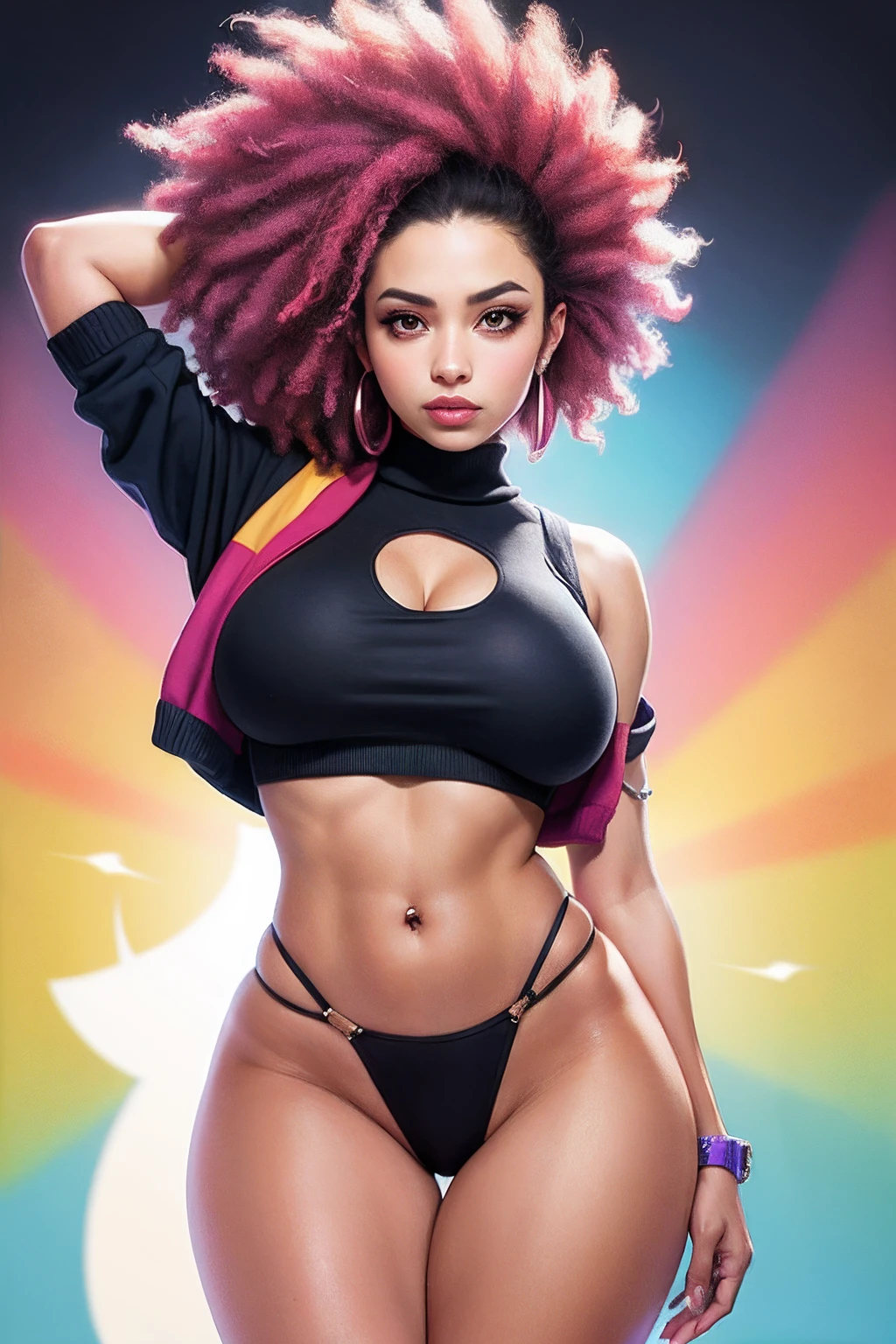 colorful virgin destroyer sweater, 1girl, ((pele escura)) solo, umbigo, calcinha de gravata lateral, underboob, calcinha highleg, octane render, realista, blacklight, 1girl, (cabelo multicolorido:1.3) (pequeno afro), tatuagem, melhor qualidade, ultra alta res, female mature, Hexagon, 1 menina, mid shot, corpo inteiro,