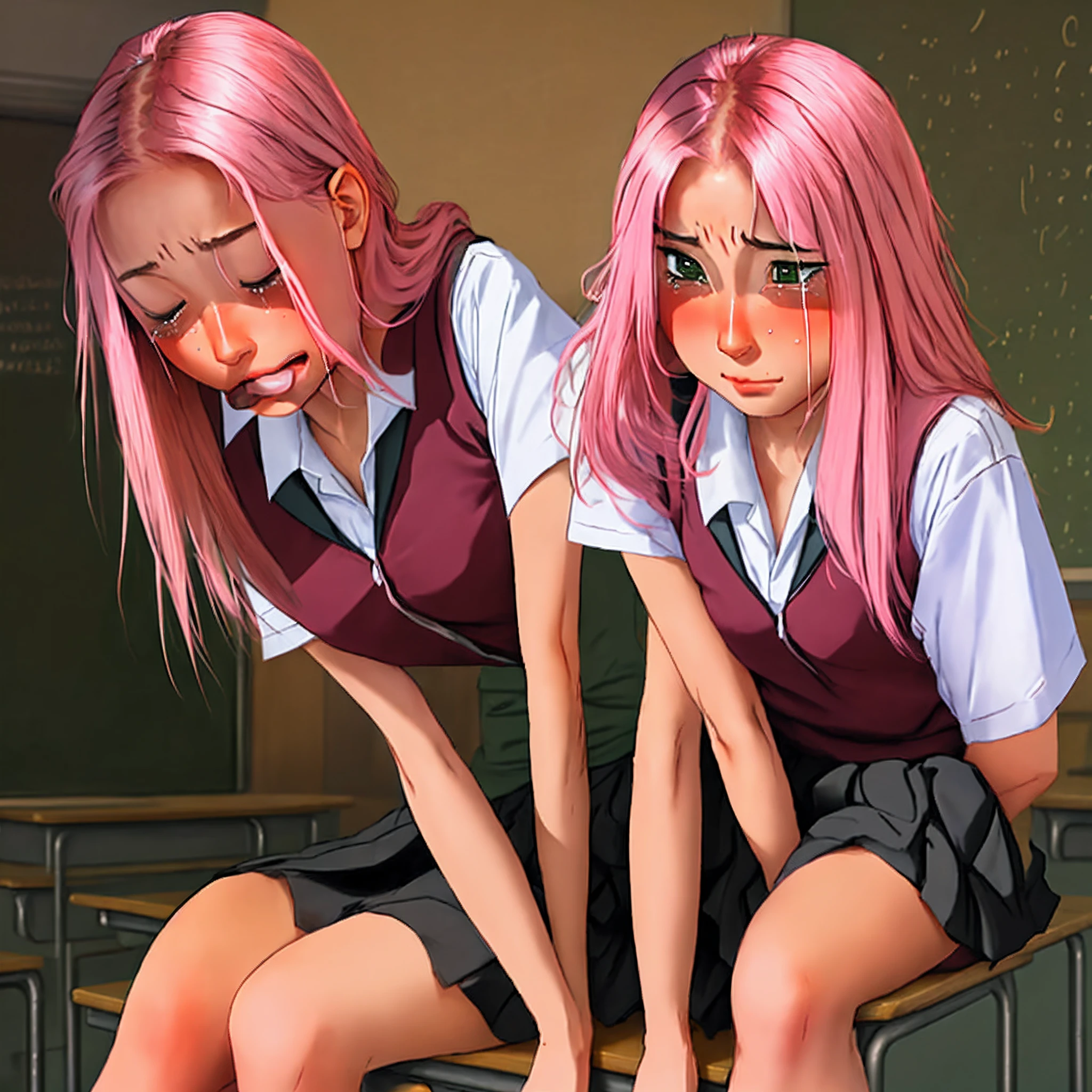 One long hair, girl in school uniform, miniskirt, pink hair, looking away, sitting, embarrassed, blushing, crying, mouth closed, classroom (girl leaking pee)