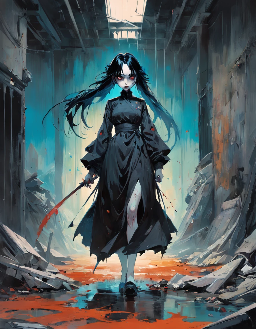 medium shot, full dress, 1woman, solo, walking in citadel, looking at viewer. Gothic. Neogothic. Splatter. In the style of Adrian Ghenie, Esao Andrews, Jenny Saville, Edward Hopper, surrealism, Dark Art par James Jean, Takato Yamamoto, Minimalisme inkpunk. Dans le style de Tim Burton. Dans le style de Corpse Bride.