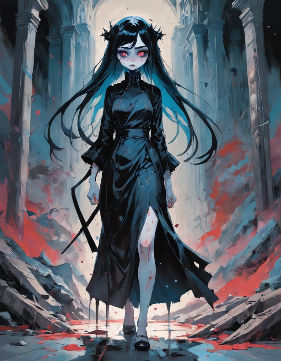 medium shot, full dress, 1woman, solo, walking in citadel, looking at viewer. Gothic. Neogothic. Splatter. In the style of Adrian Ghenie, Esao Andrews, Jenny Saville, Edward Hopper, surrealism, Dark Art par James Jean, Takato Yamamoto, Minimalisme inkpunk. Dans le style de Tim Burton. Dans le style de Corpse Bride.