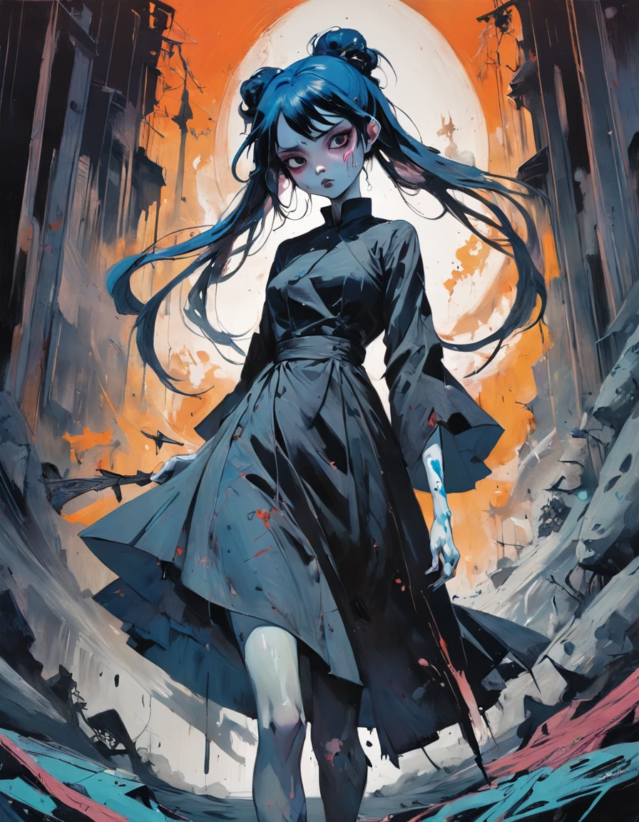 medium shot, full dress, 1woman, solo, walking in citadel, looking at viewer. Gothic. Neogothic. Splatter. In the style of Adrian Ghenie, Esao Andrews, Jenny Saville, Edward Hopper, surrealism, Dark Art par James Jean, Takato Yamamoto, Minimalisme inkpunk. Dans le style de Tim Burton. Dans le style de Corpse Bride.