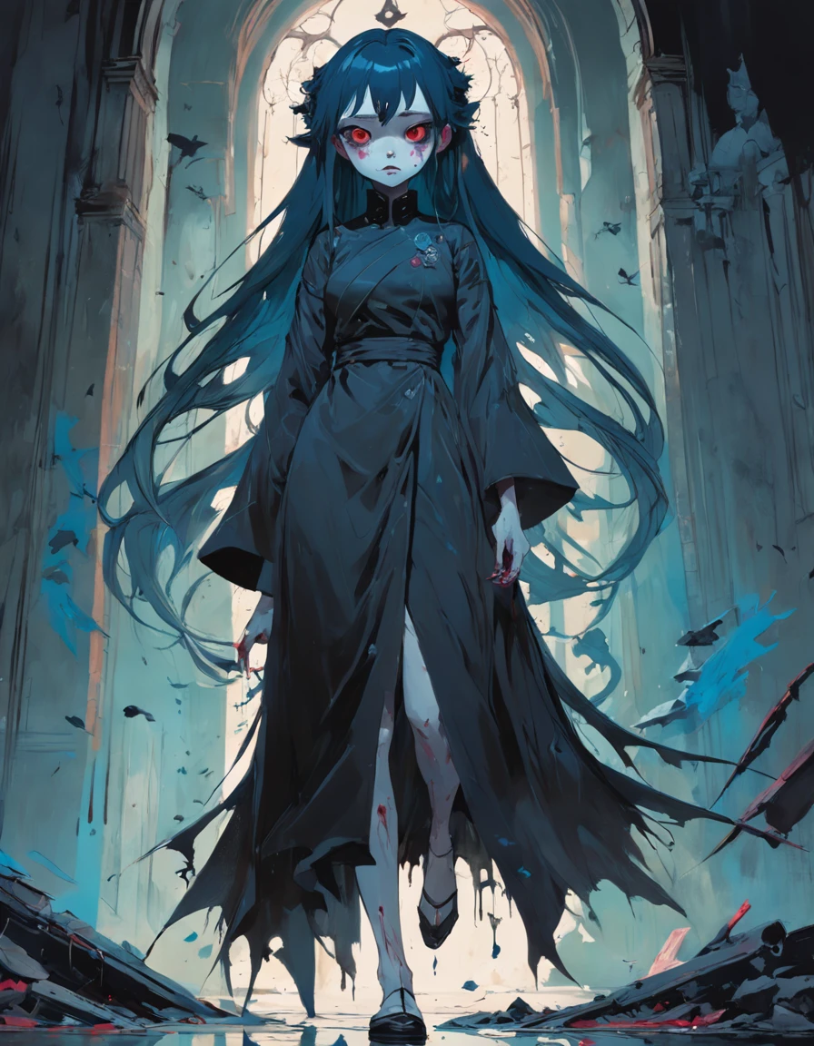 medium shot, full dress, 1woman, solo, walking in citadel, looking at viewer. Gothic. Neogothic. Splatter. In the style of Adrian Ghenie, Esao Andrews, Jenny Saville, Edward Hopper, surrealism, Dark Art par James Jean, Takato Yamamoto, Minimalisme inkpunk. Dans le style de Tim Burton. Dans le style de Corpse Bride.
