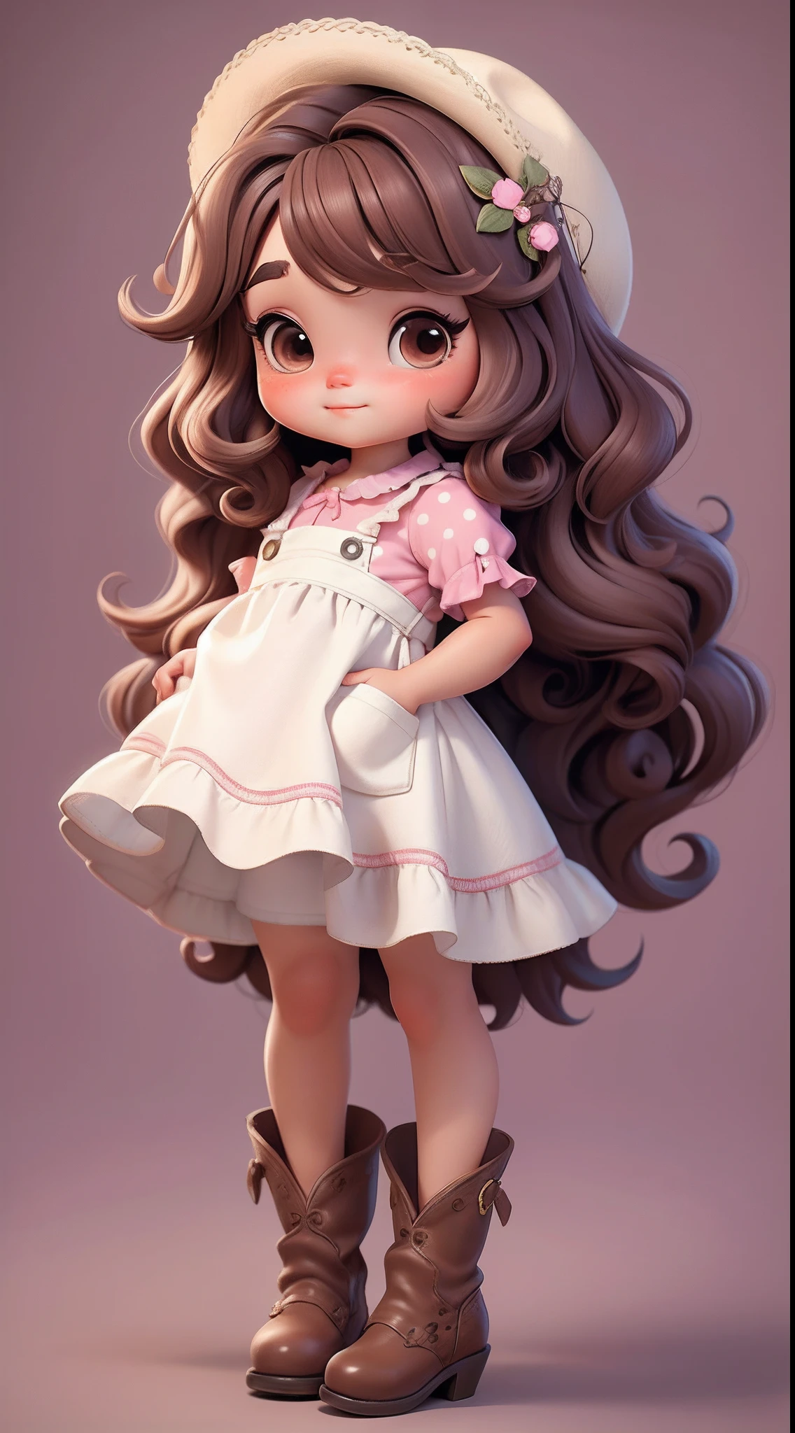 Create a series of cute baby style chibi dolls with a cute cowgirl theme, each with lots of detail and in an 8K resolution. All dolls should follow the same solid background pattern and be complete in the image, mostrando o (corpo inteiro, incluindo as pernas: 1.5)
Boneca cowgirl: Chame-a de Mia. She must have medium wavy brown hair. Seus olhos devem ser grandes e curiosos, with long eyelashes and slightly pinkish cheeks. Mia should be dressed in a delicate jumpsuit, cowboy boot and a polka dot blouse and a cowboy hat is cute. She should hold delicate and thin accessories. Add details like pockets and ruffles to the apron to make it even more charming, sapato bonito
Certifique-se de adicionar sombras, texturas e detalhes nos cabelos, roupas, Beautiful utensils, to make them even more adorable and charming.
