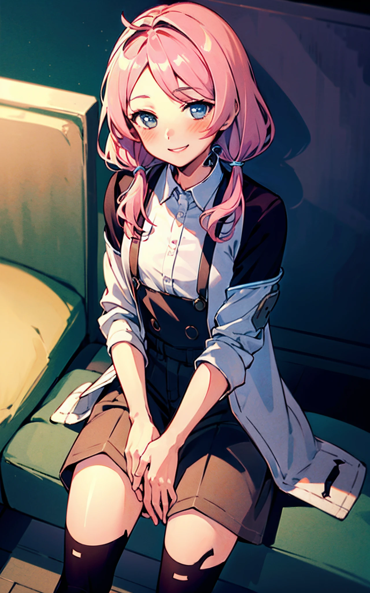 masterpiece,1girl,solo, smile, blush,looking at viewer, cowboy shot,simple background,sitting